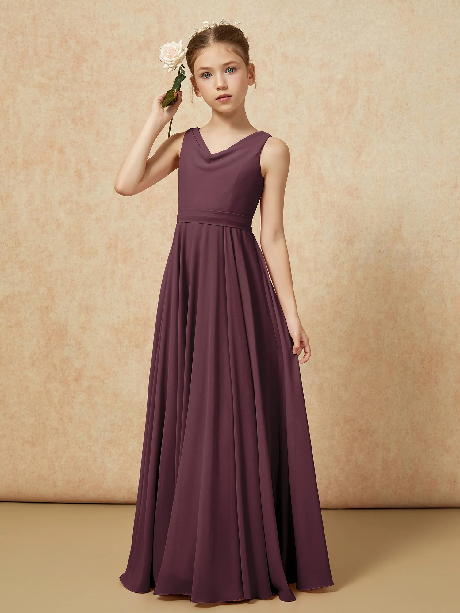 V-neck Chiffon Long Junior Bridesmaid Dress With Belt Cabernet - Image 4
