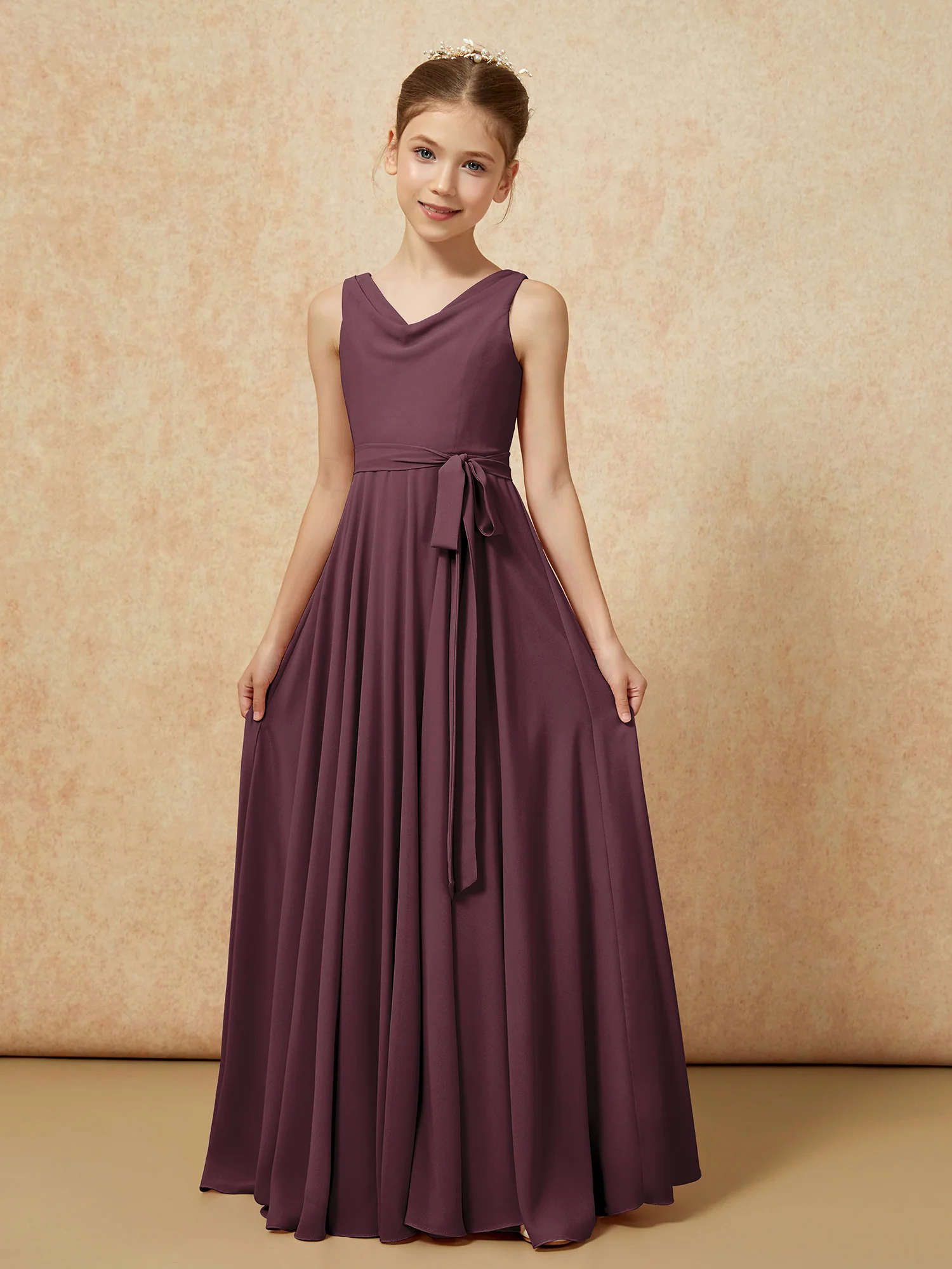 V-neck Chiffon Long Junior Bridesmaid Dress With Belt Cabernet - Image 5