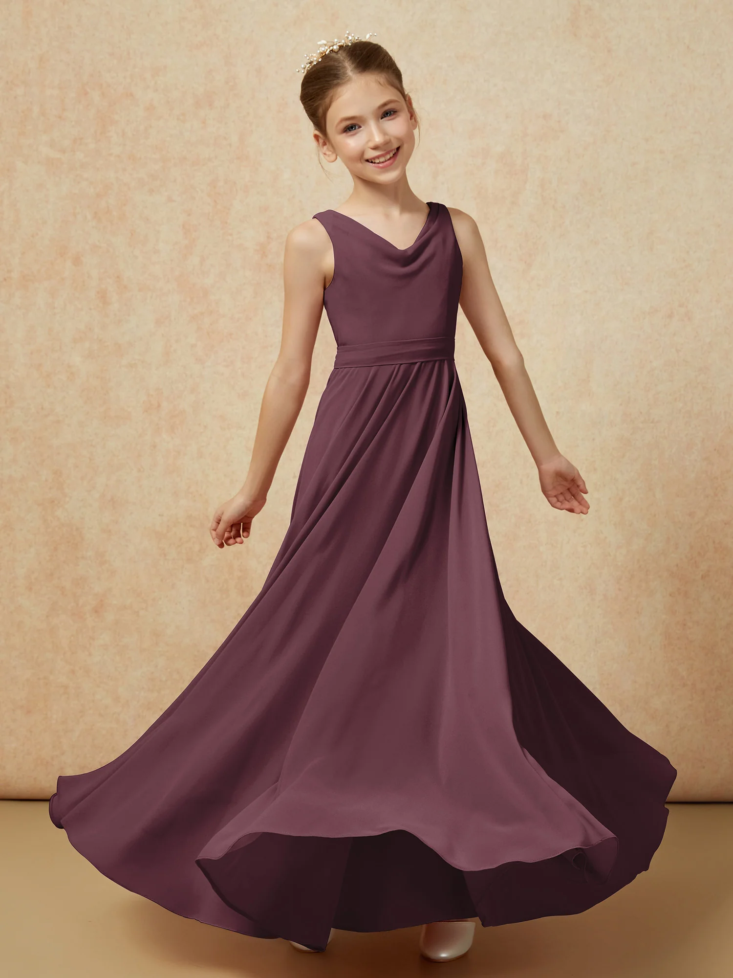V-neck Chiffon Long Junior Bridesmaid Dress With Belt Cabernet - Image 6