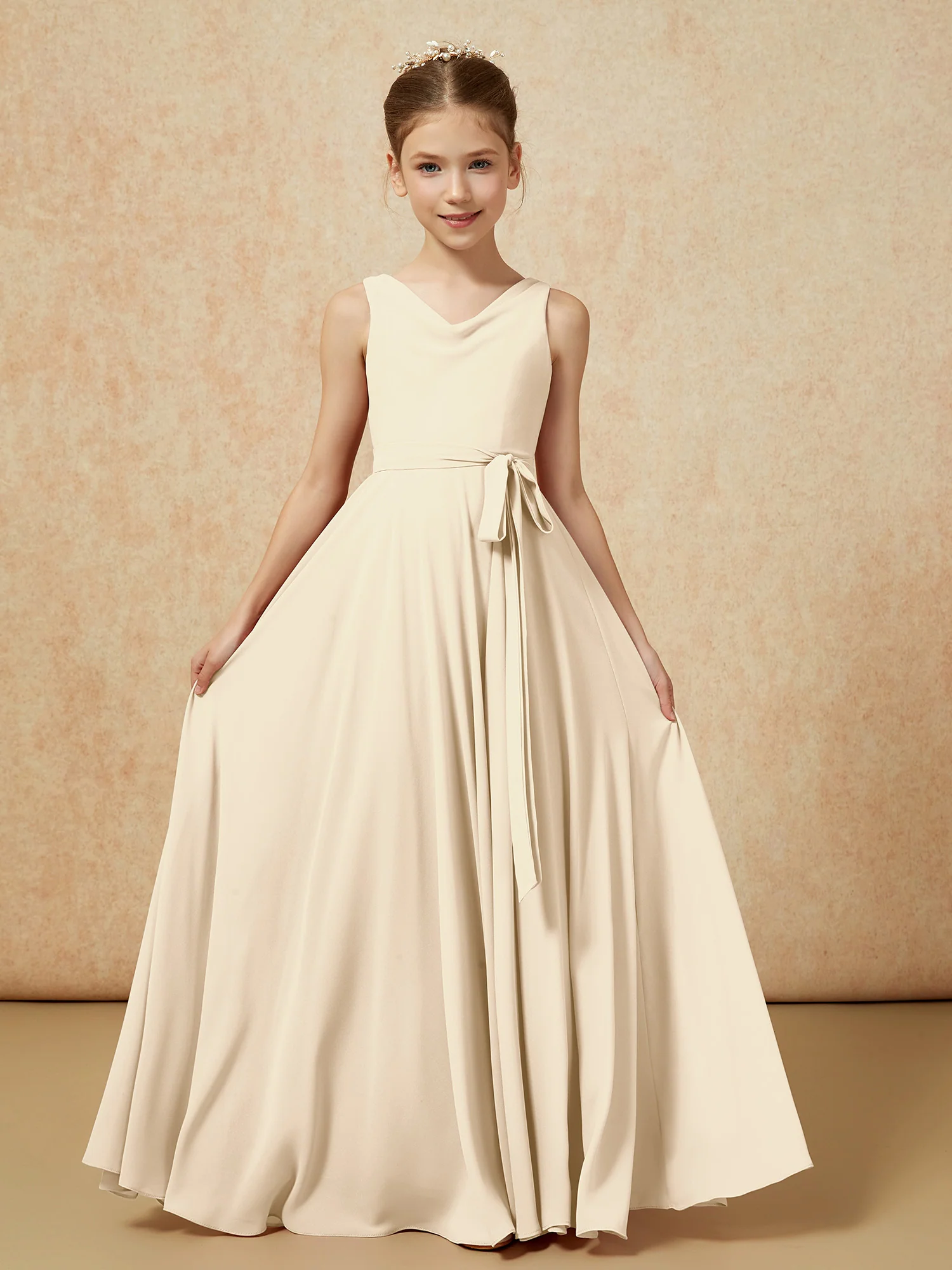 V-neck Chiffon Long Junior Bridesmaid Dress With Belt Champagne
