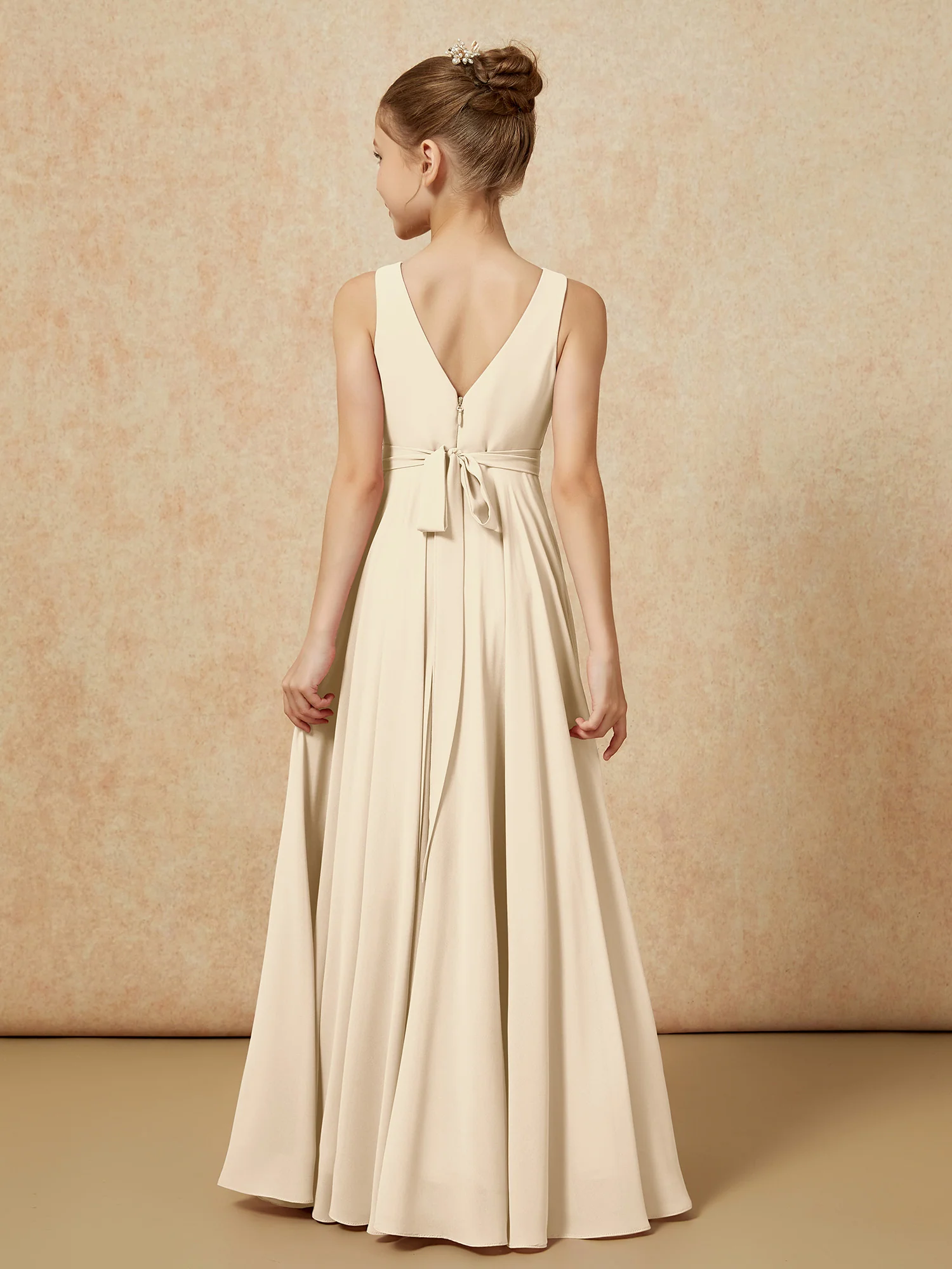 V-neck Chiffon Long Junior Bridesmaid Dress With Belt Champagne - Image 2