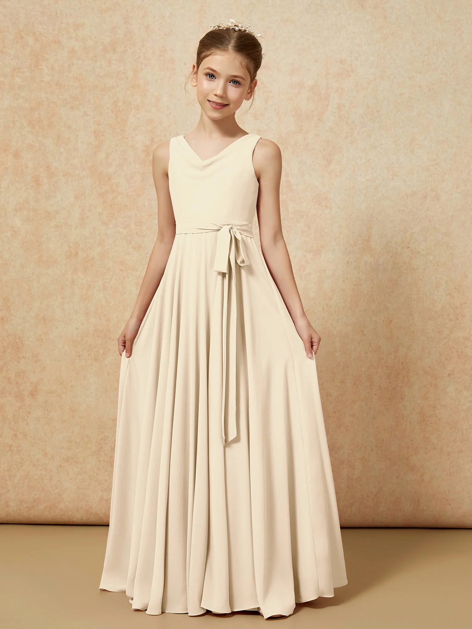 V-neck Chiffon Long Junior Bridesmaid Dress With Belt Champagne - Image 5