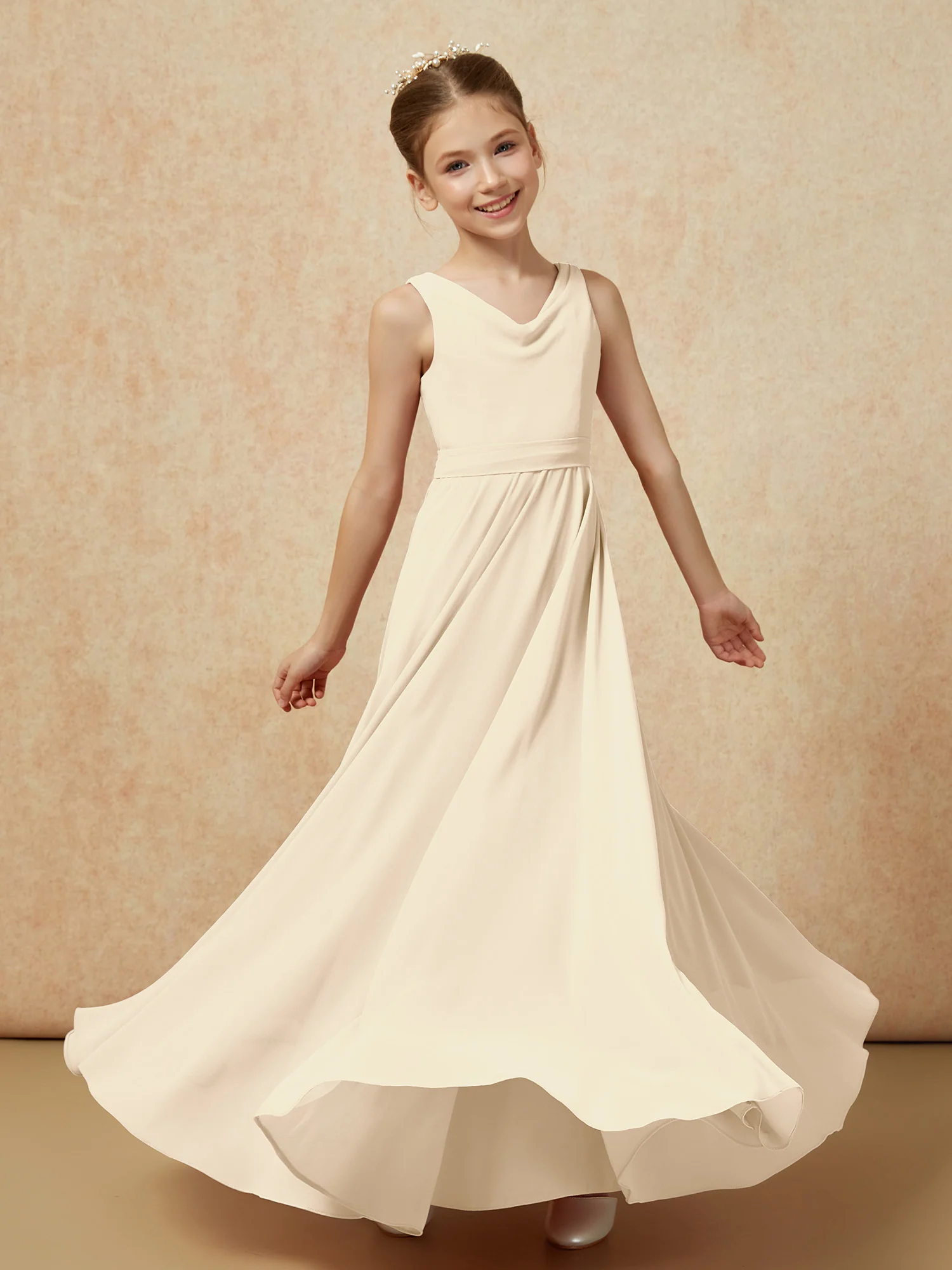 V-neck Chiffon Long Junior Bridesmaid Dress With Belt Champagne - Image 6