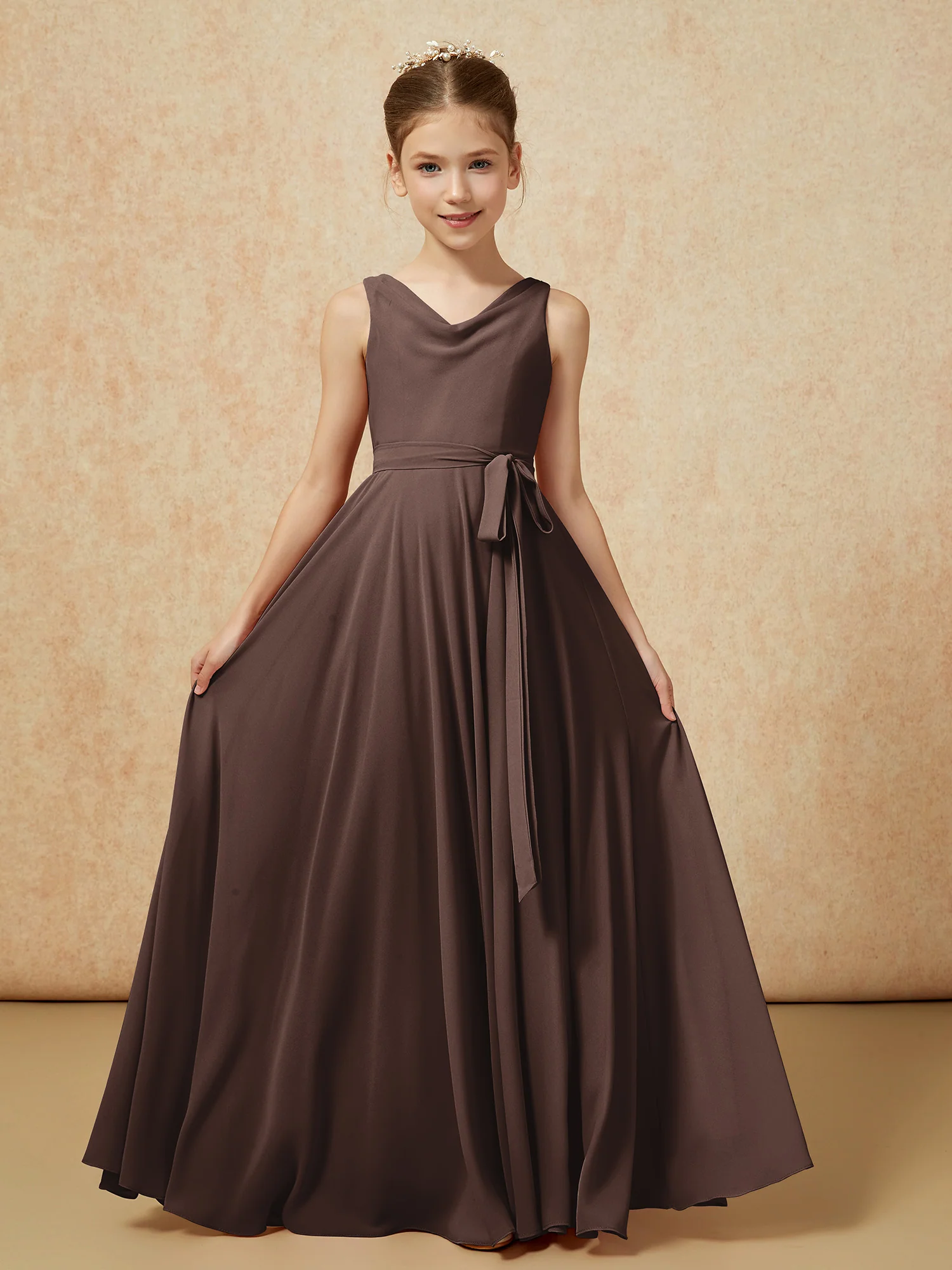 V-neck Chiffon Long Junior Bridesmaid Dress With Belt Chocolate