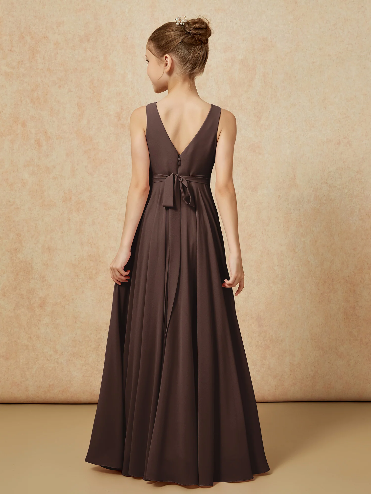 V-neck Chiffon Long Junior Bridesmaid Dress With Belt Chocolate - Image 2