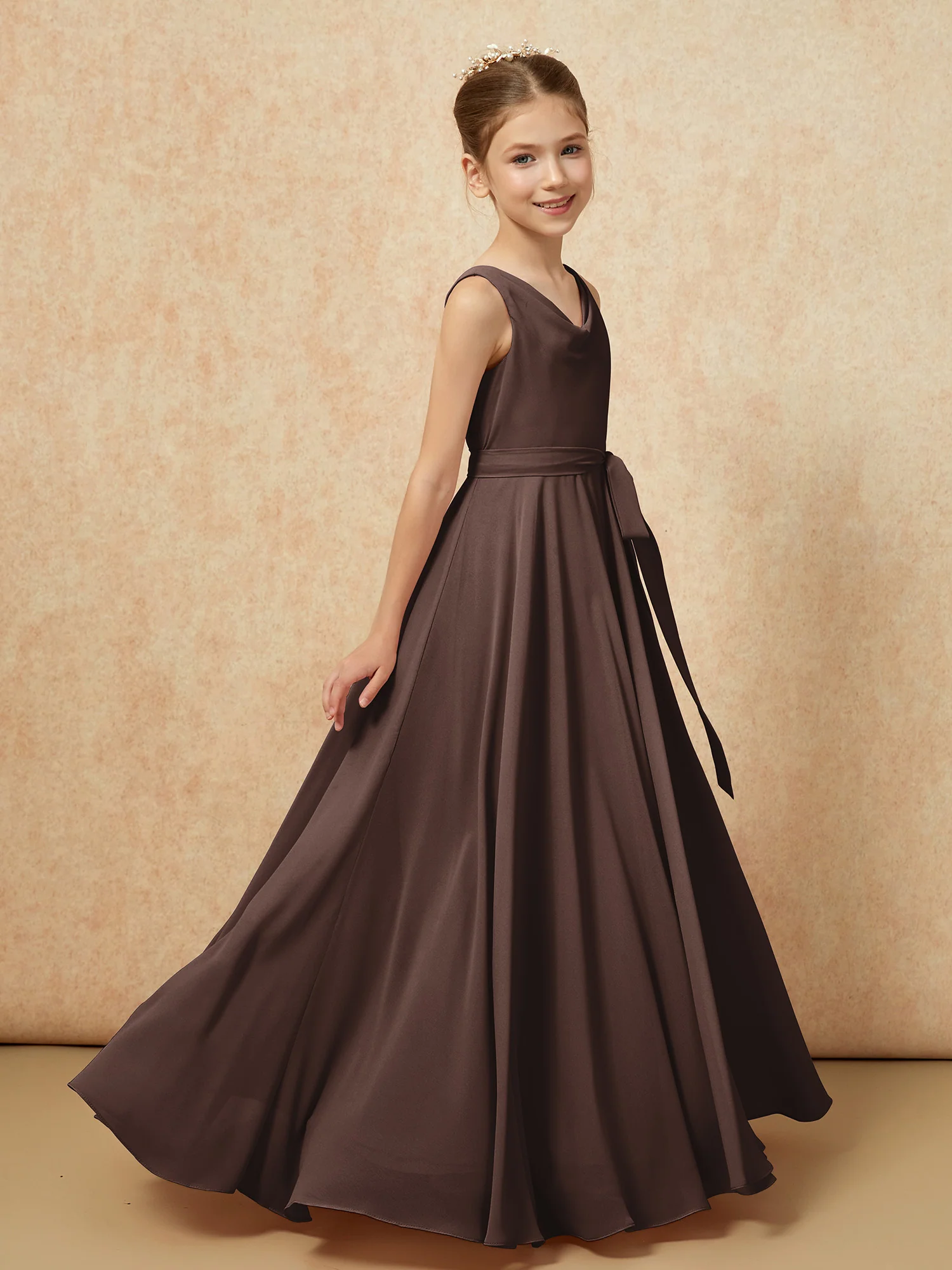 V-neck Chiffon Long Junior Bridesmaid Dress With Belt Chocolate - Image 3