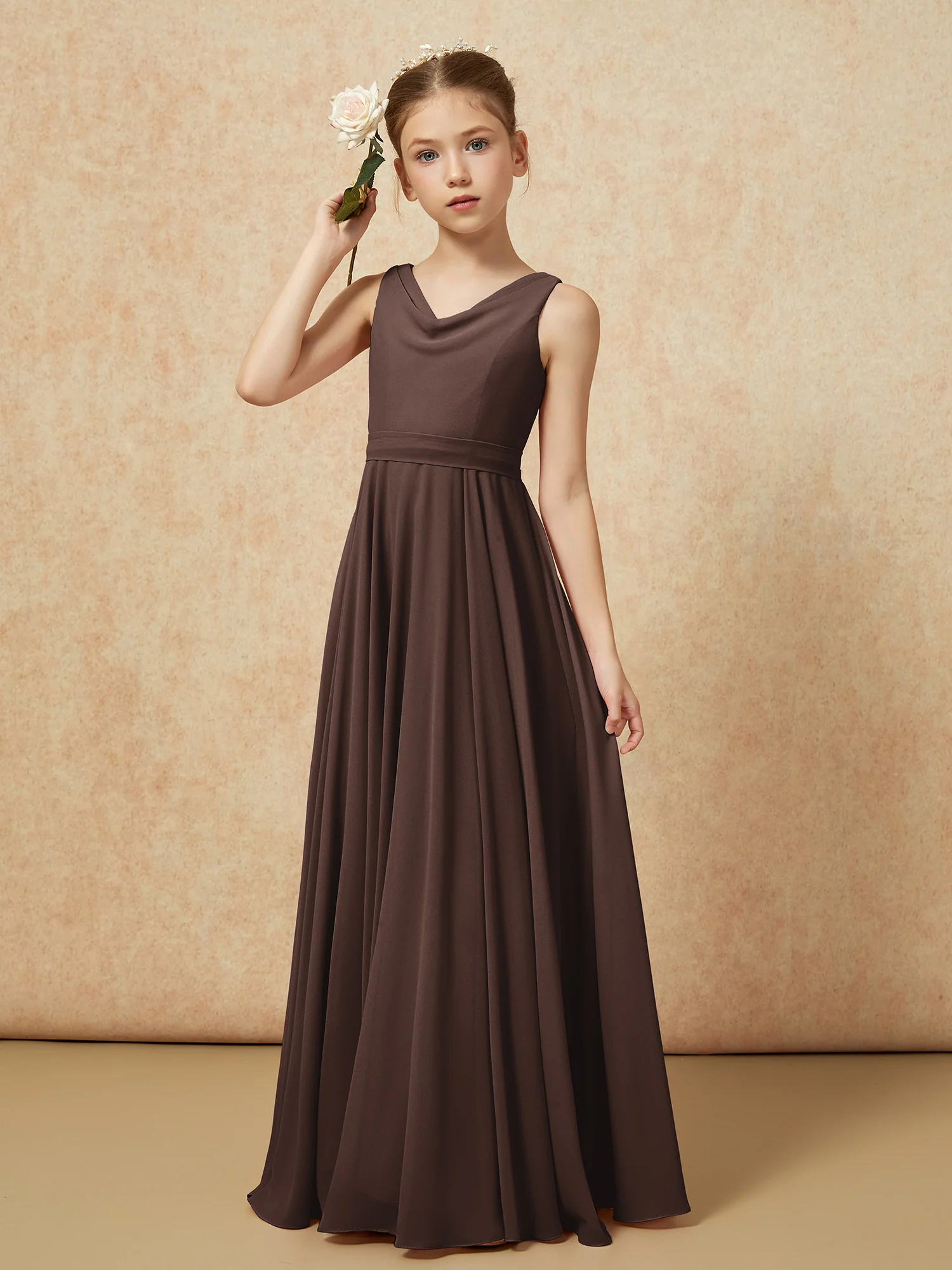 V-neck Chiffon Long Junior Bridesmaid Dress With Belt Chocolate - Image 4
