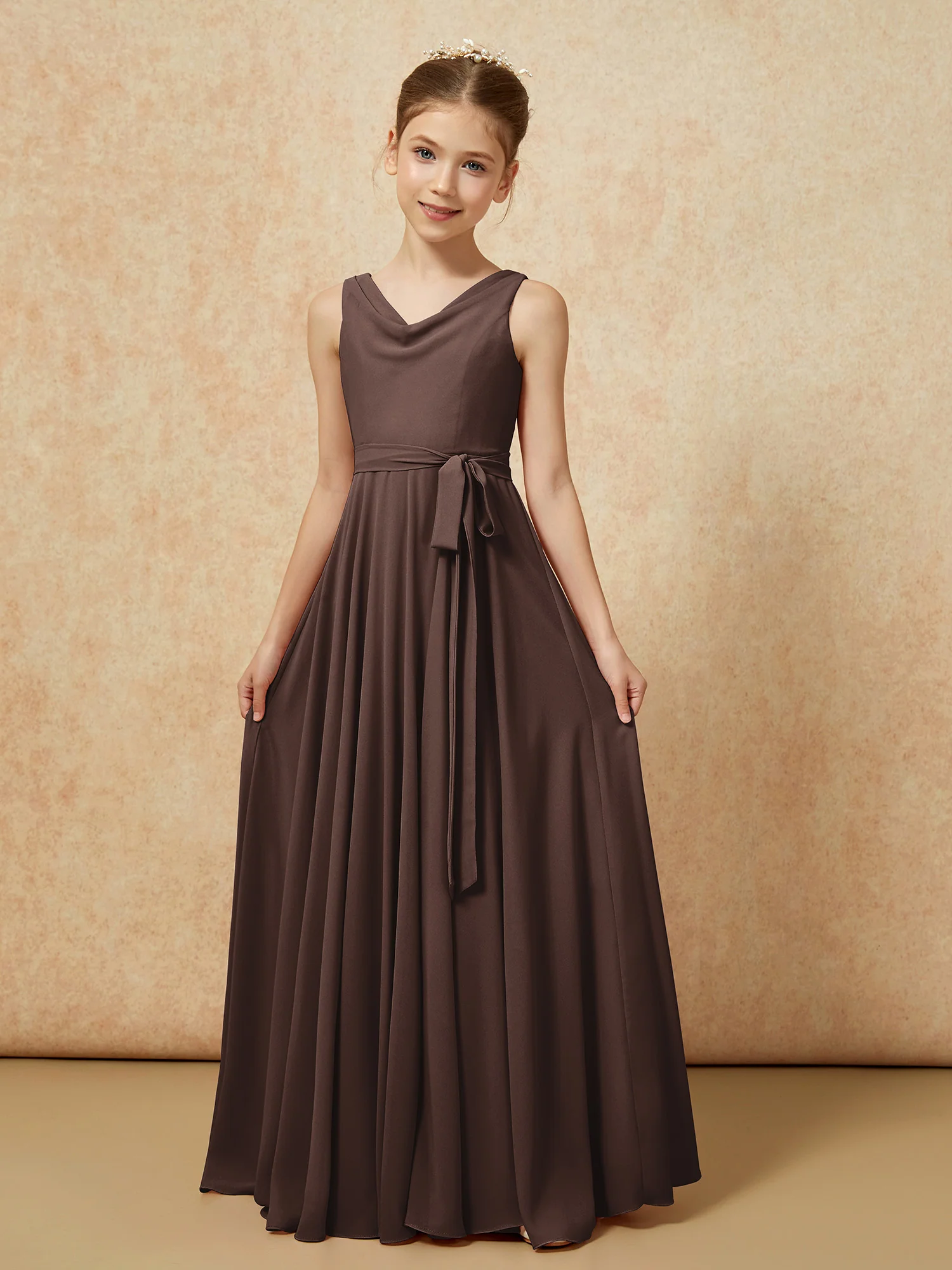 V-neck Chiffon Long Junior Bridesmaid Dress With Belt Chocolate - Image 5