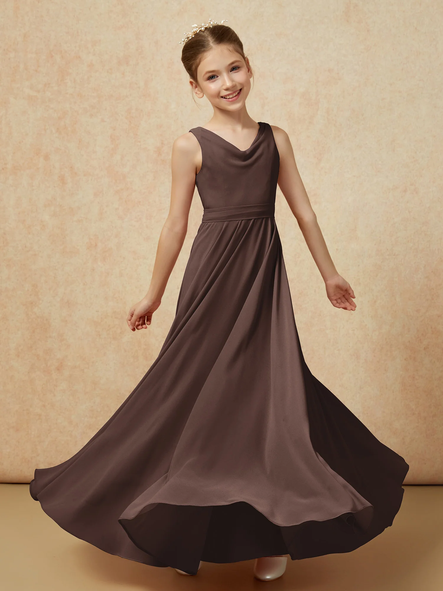 V-neck Chiffon Long Junior Bridesmaid Dress With Belt Chocolate - Image 6