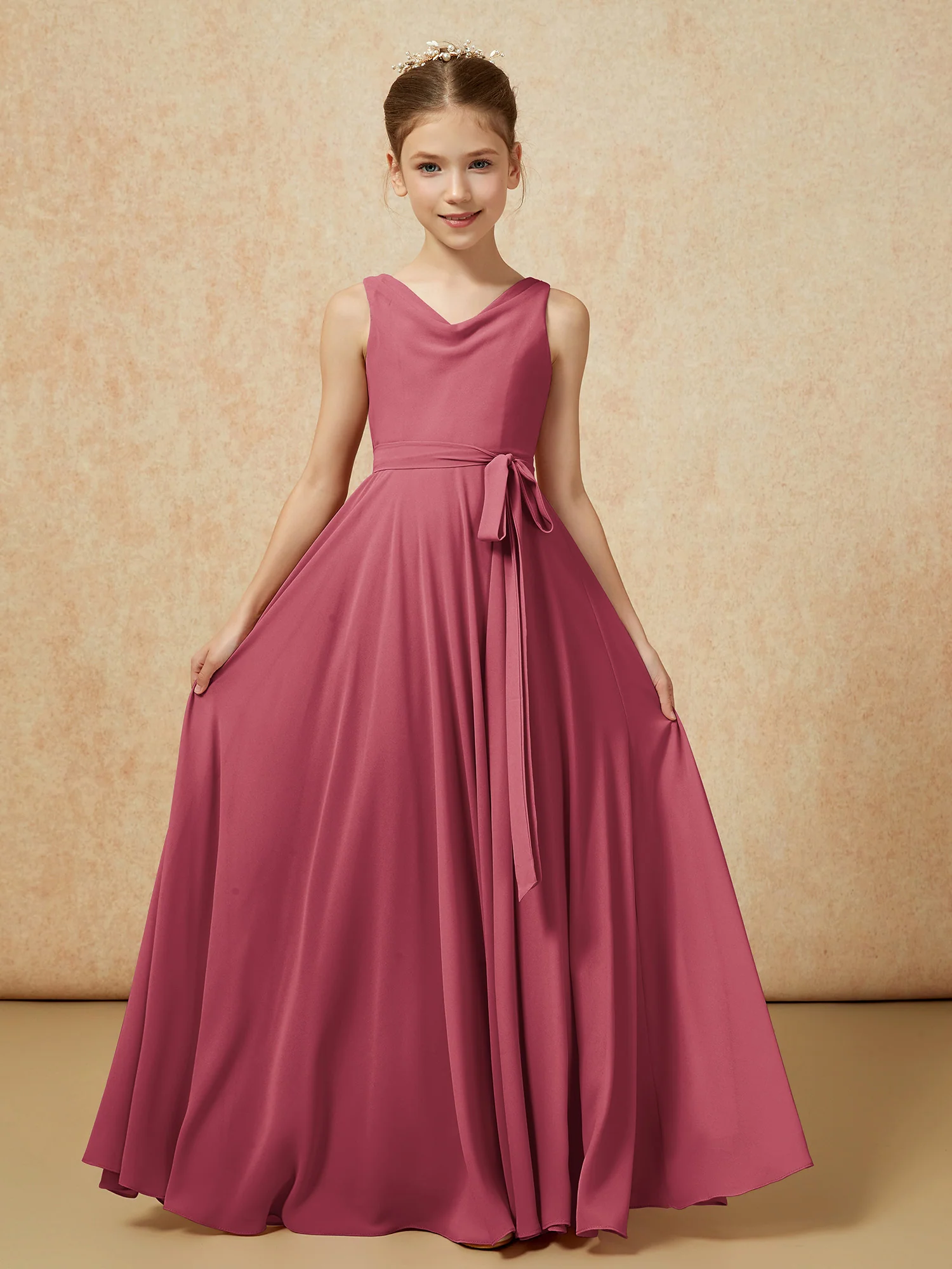 V-neck Chiffon Long Junior Bridesmaid Dress With Belt Cinnamon Rose