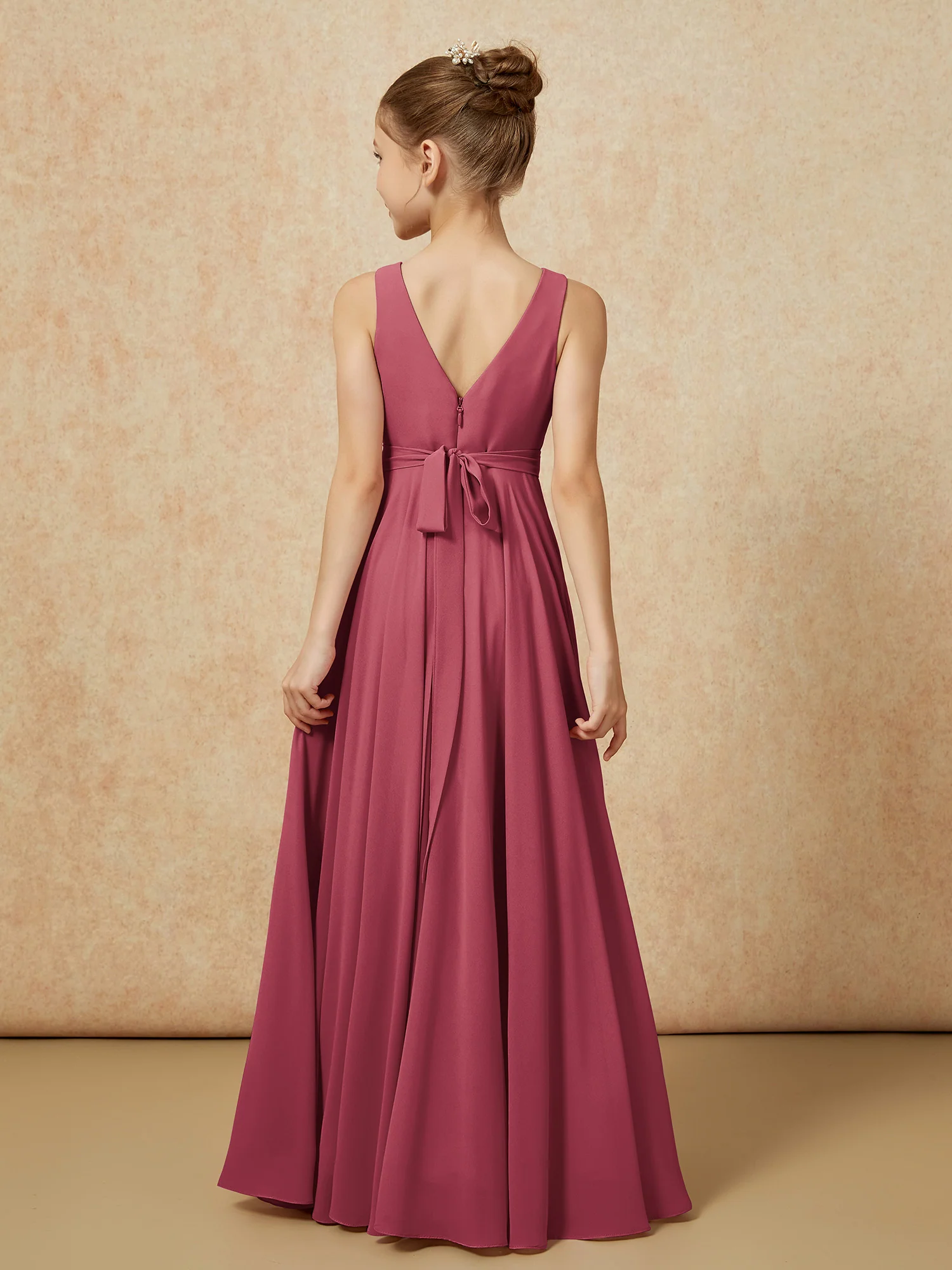 V-neck Chiffon Long Junior Bridesmaid Dress With Belt Cinnamon Rose - Image 2