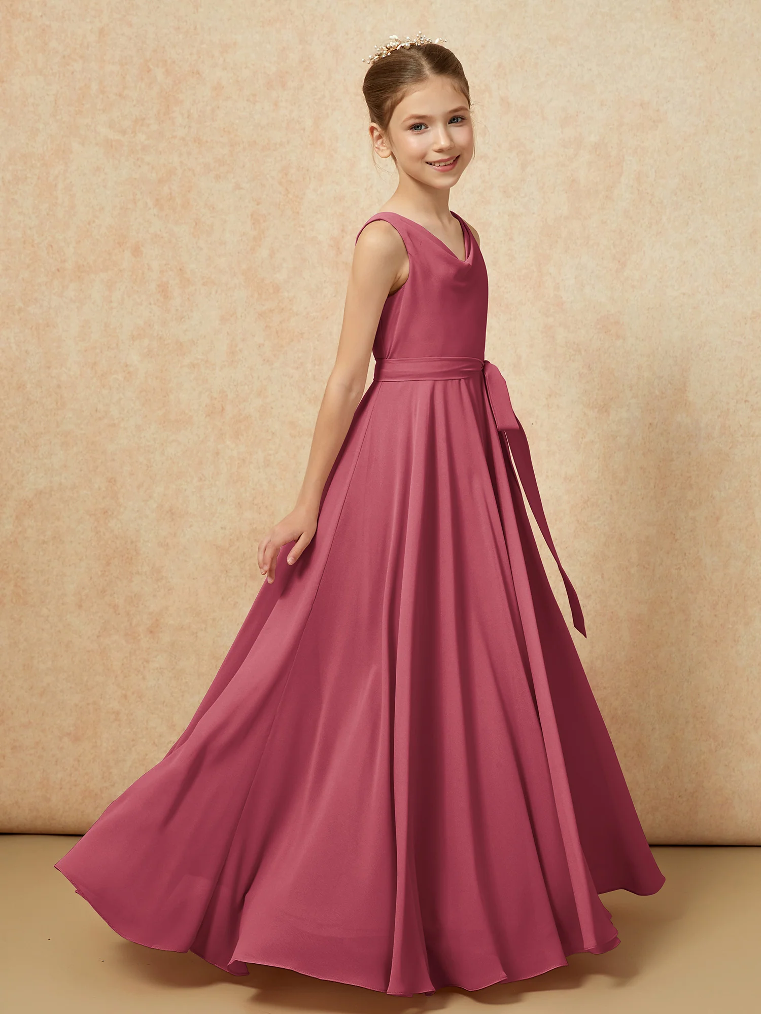 V-neck Chiffon Long Junior Bridesmaid Dress With Belt Cinnamon Rose - Image 3