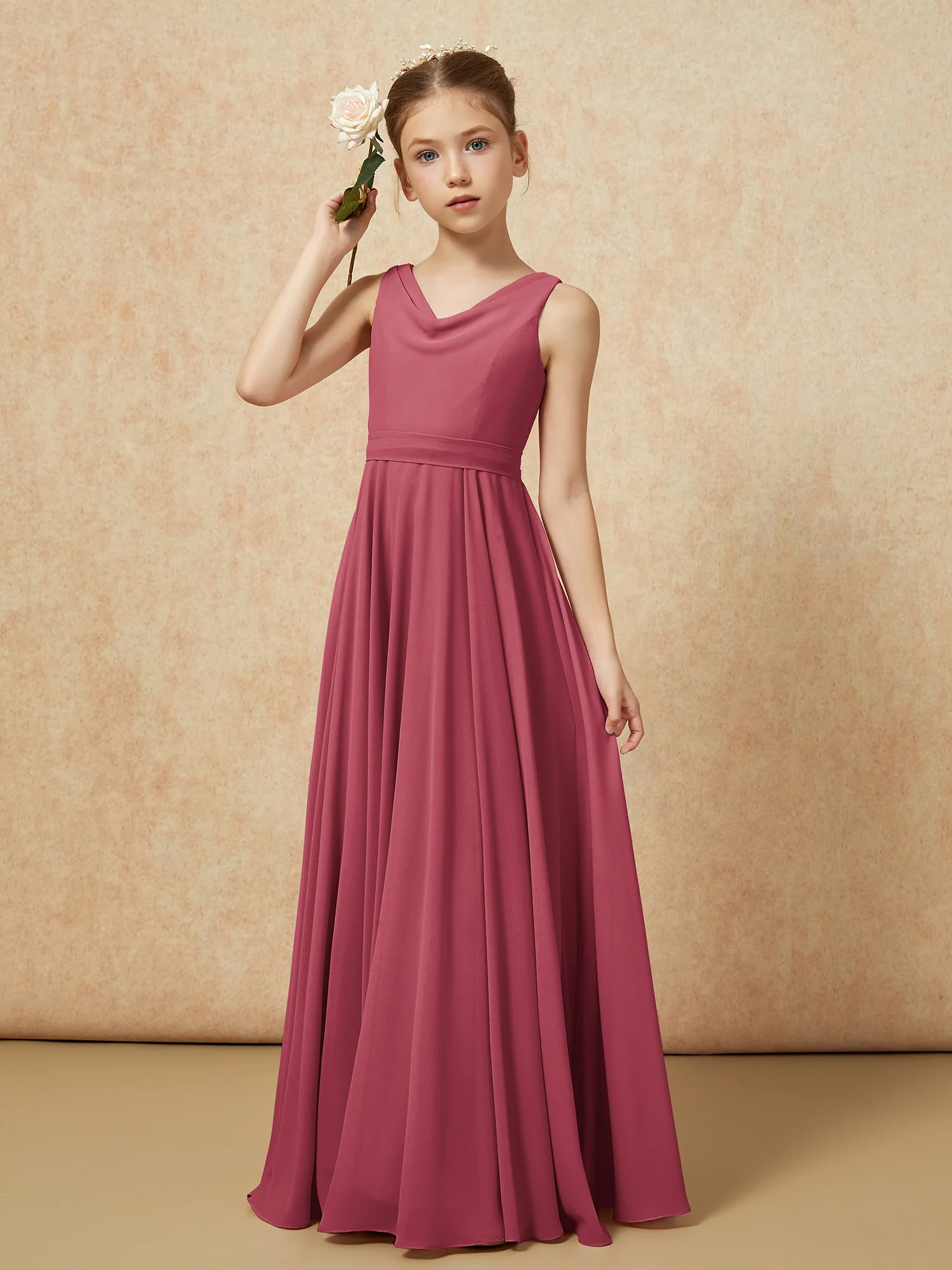 V-neck Chiffon Long Junior Bridesmaid Dress With Belt Cinnamon Rose - Image 4