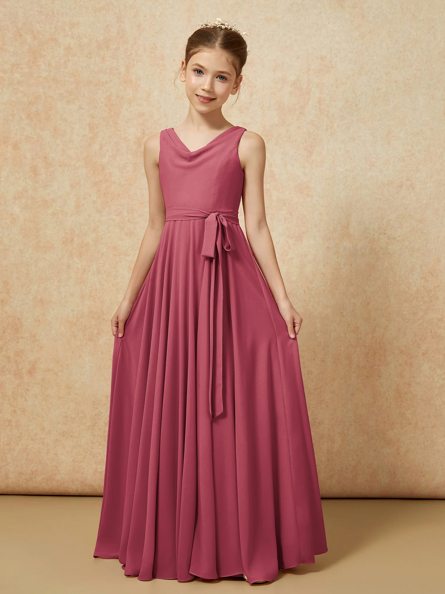 V-neck Chiffon Long Junior Bridesmaid Dress With Belt Cinnamon Rose - Image 5