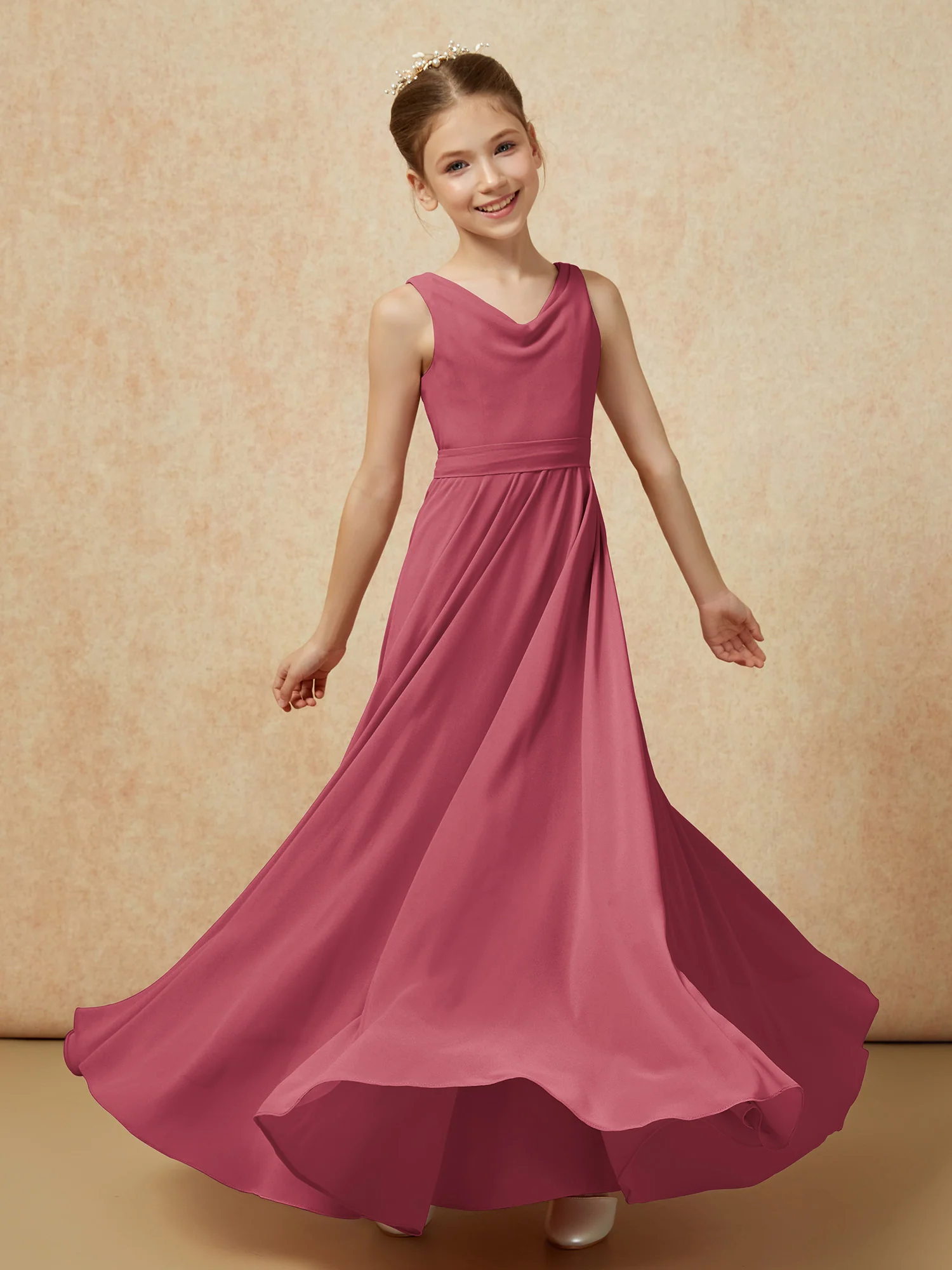 V-neck Chiffon Long Junior Bridesmaid Dress With Belt Cinnamon Rose - Image 6