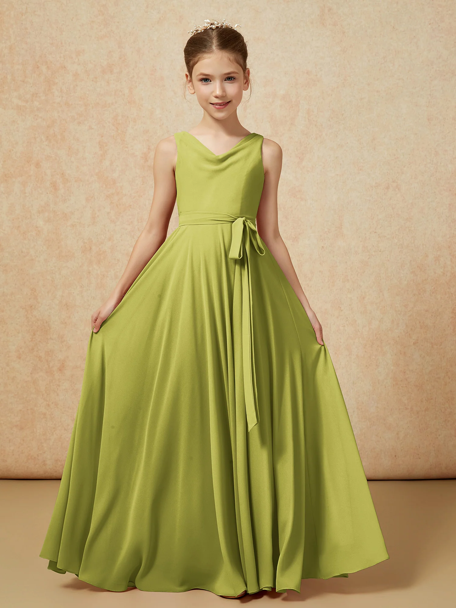 V-neck Chiffon Long Junior Bridesmaid Dress With Belt Clover