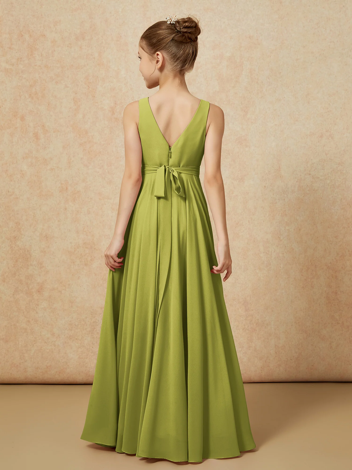 V-neck Chiffon Long Junior Bridesmaid Dress With Belt Clover - Image 2