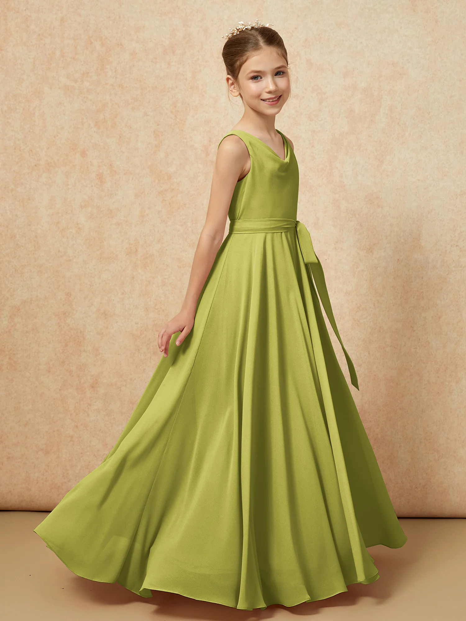 V-neck Chiffon Long Junior Bridesmaid Dress With Belt Clover - Image 3