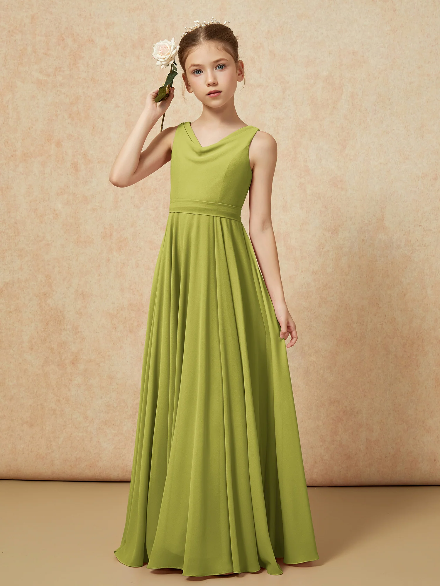 V-neck Chiffon Long Junior Bridesmaid Dress With Belt Clover - Image 4