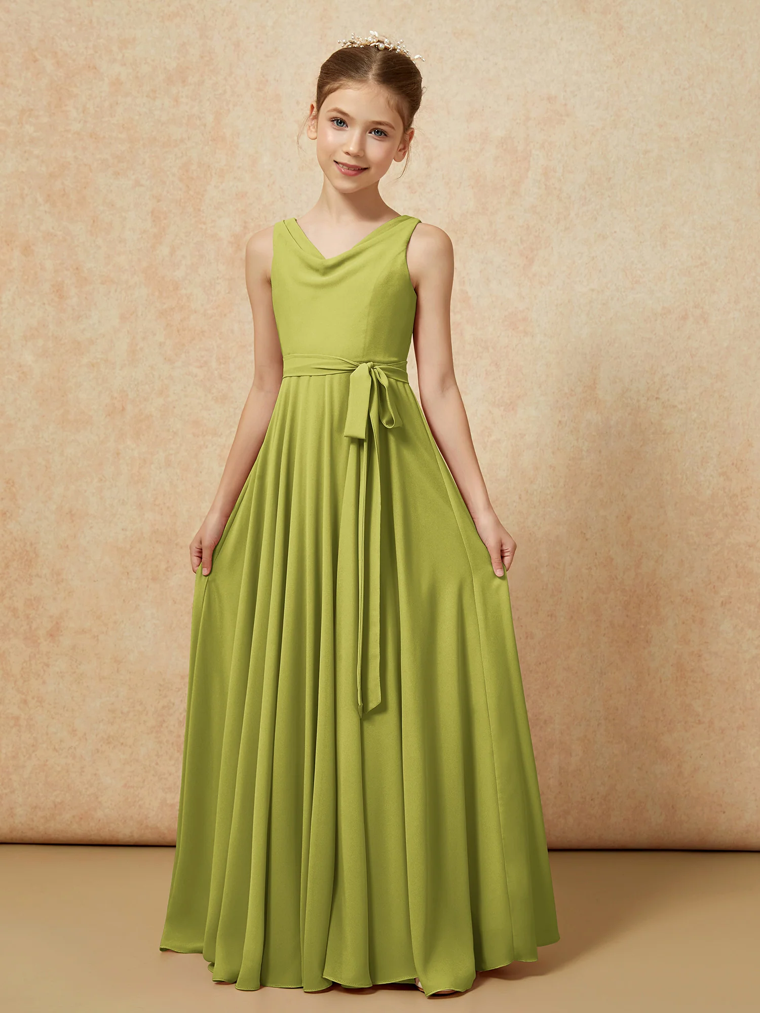 V-neck Chiffon Long Junior Bridesmaid Dress With Belt Clover - Image 5