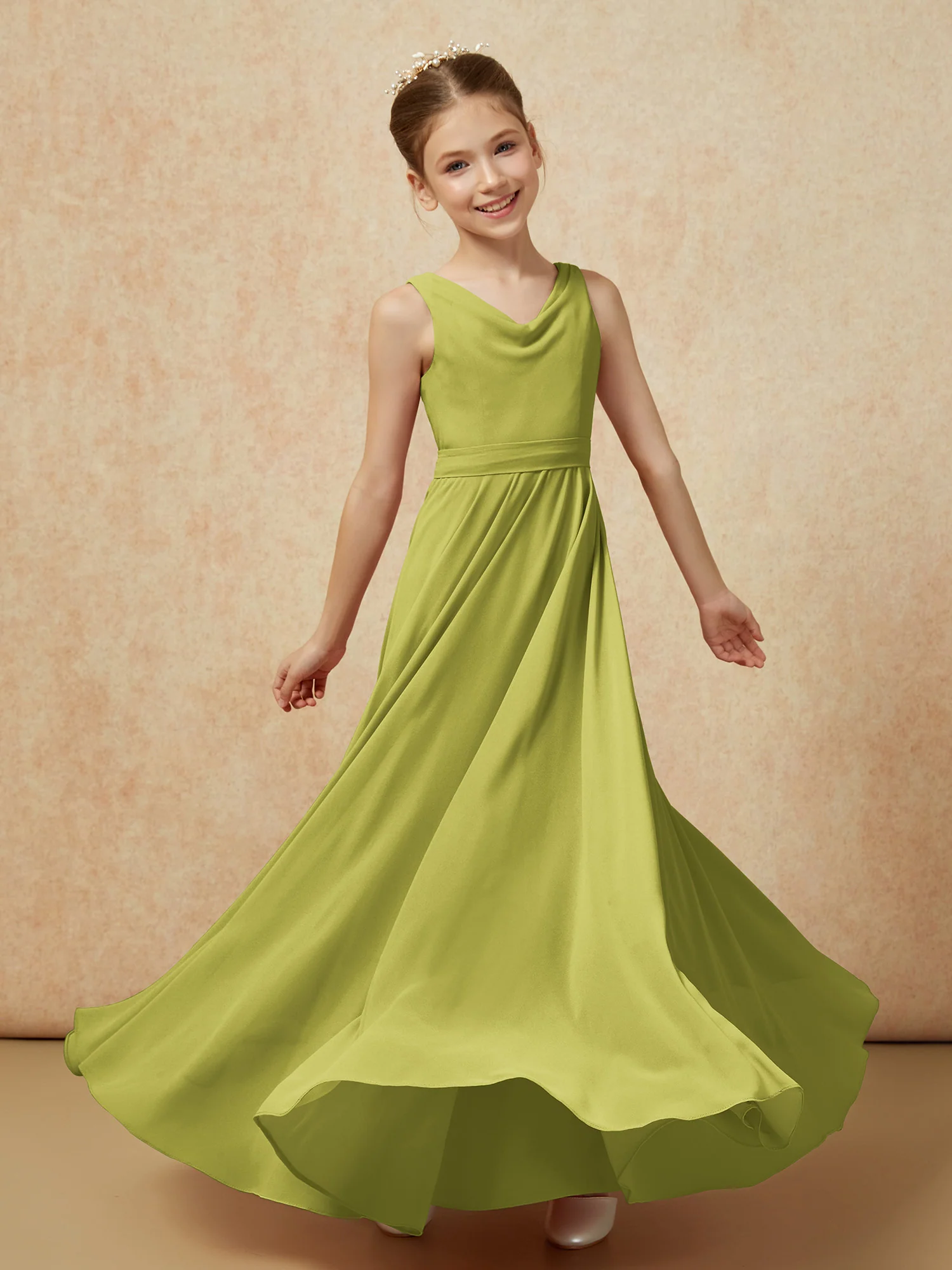 V-neck Chiffon Long Junior Bridesmaid Dress With Belt Clover - Image 6