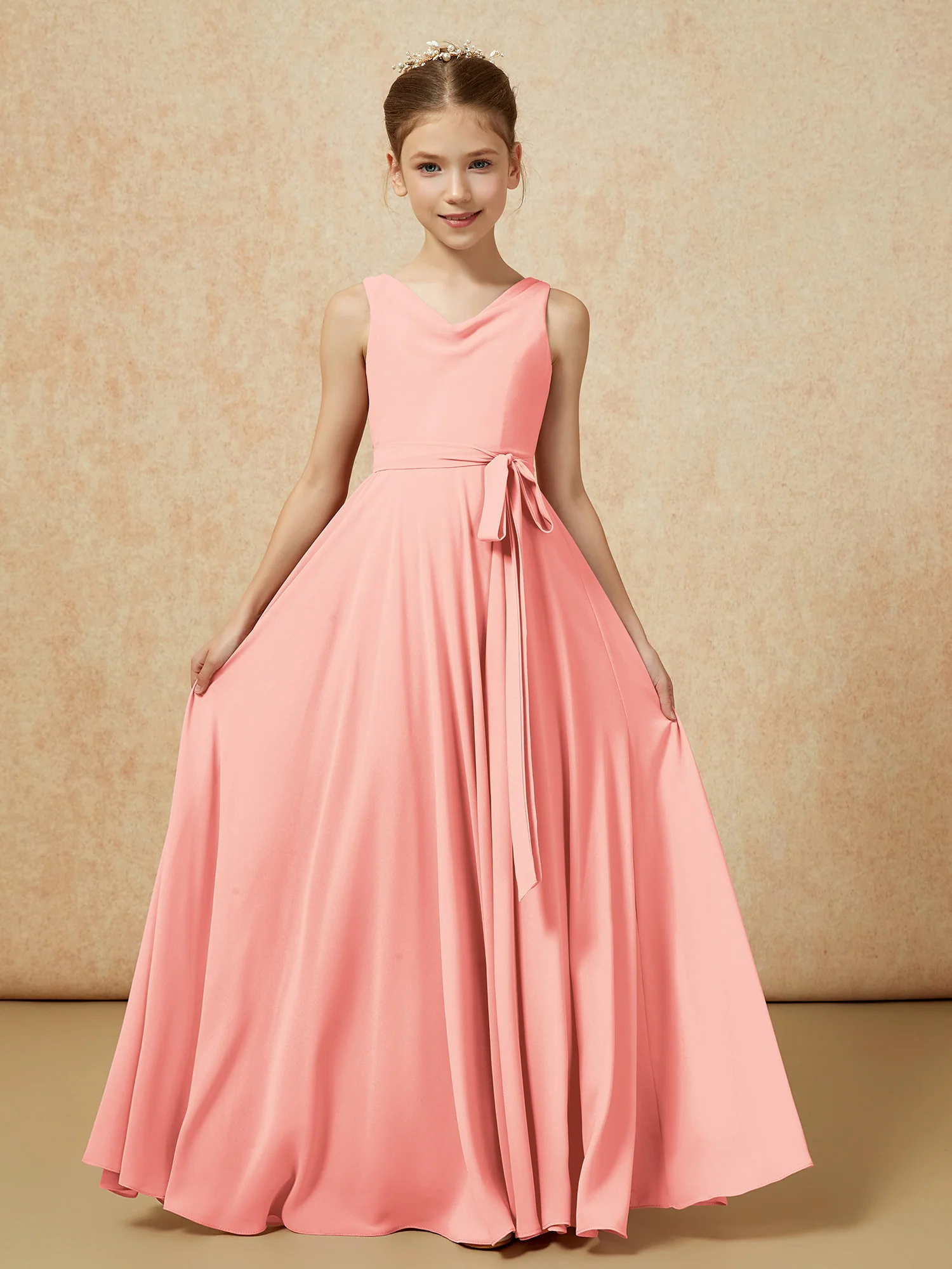 V-neck Chiffon Long Junior Bridesmaid Dress With Belt Coral
