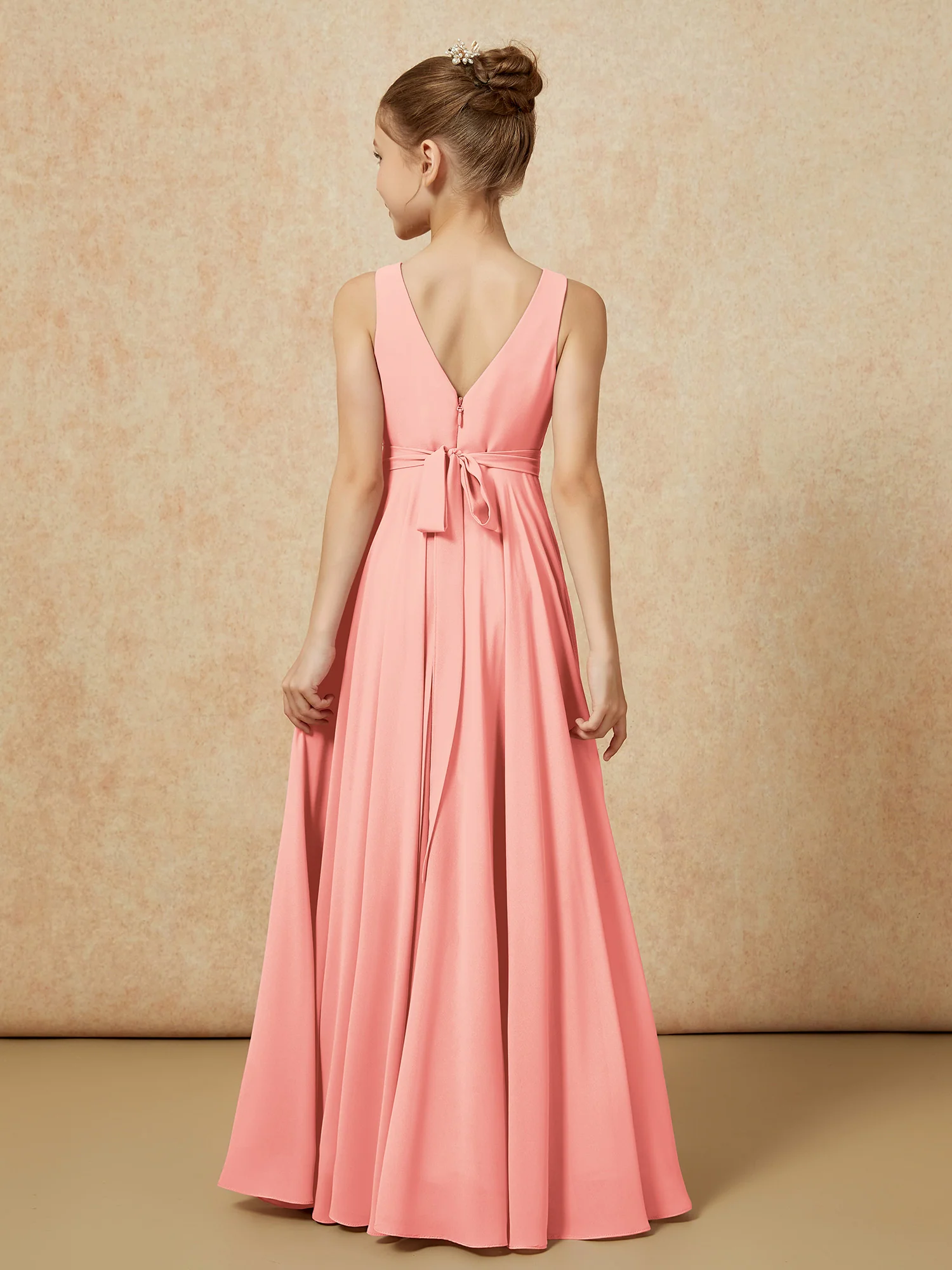 V-neck Chiffon Long Junior Bridesmaid Dress With Belt Coral - Image 2