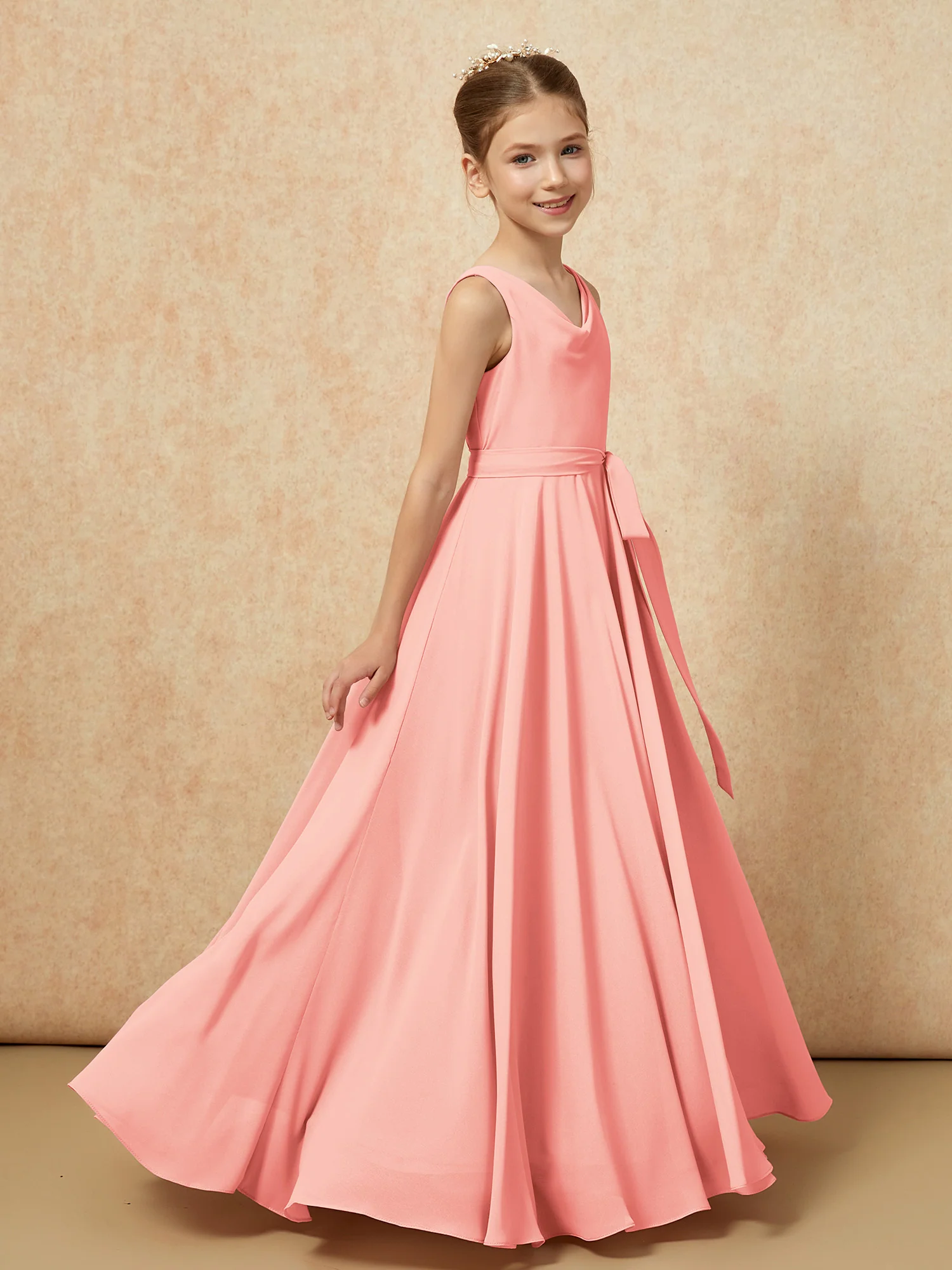 V-neck Chiffon Long Junior Bridesmaid Dress With Belt Coral - Image 3