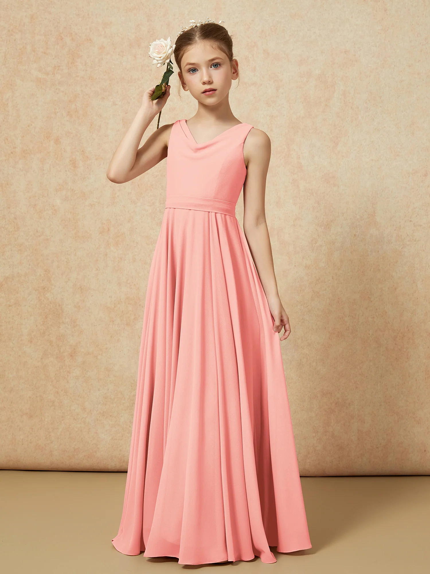 V-neck Chiffon Long Junior Bridesmaid Dress With Belt Coral - Image 4