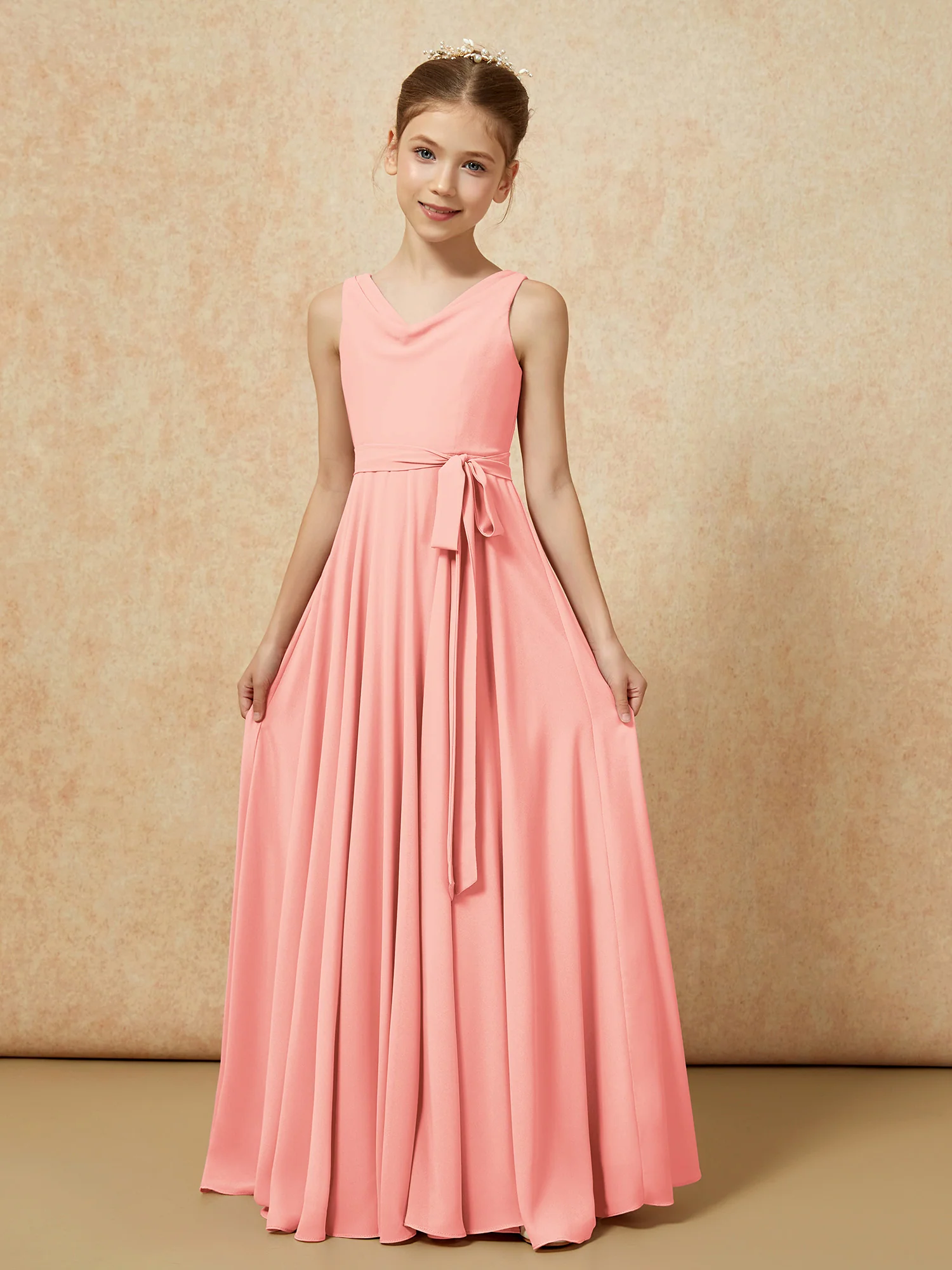 V-neck Chiffon Long Junior Bridesmaid Dress With Belt Coral - Image 5