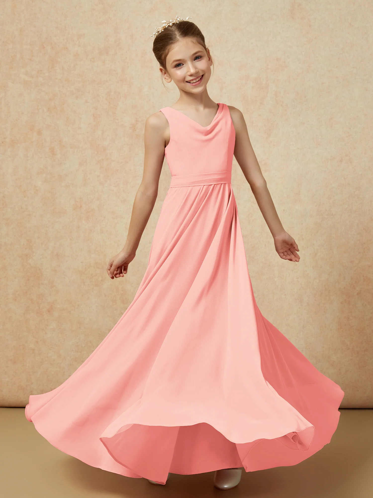V-neck Chiffon Long Junior Bridesmaid Dress With Belt Coral - Image 6