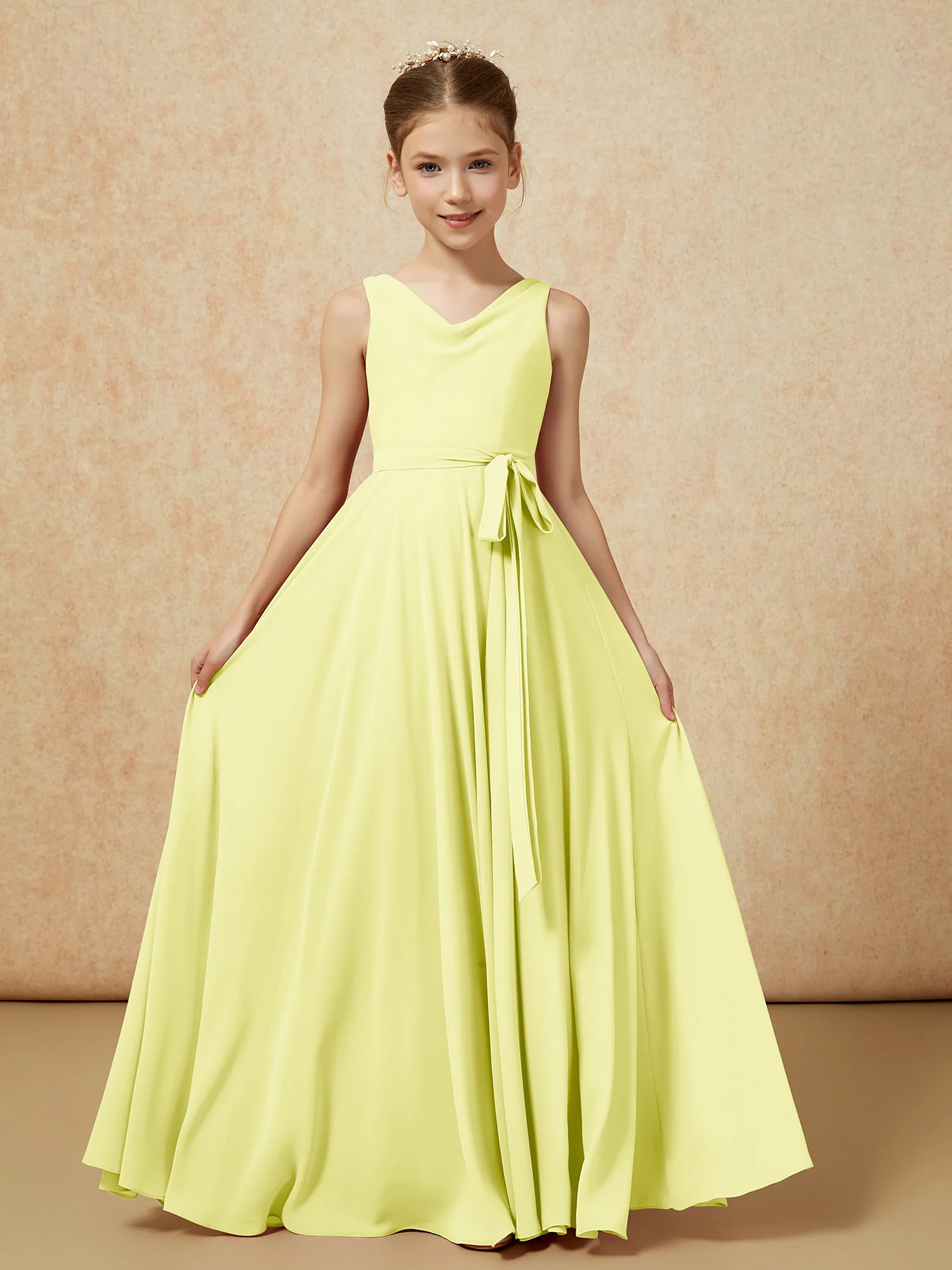 V-neck Chiffon Long Junior Bridesmaid Dress With Belt Daffodil