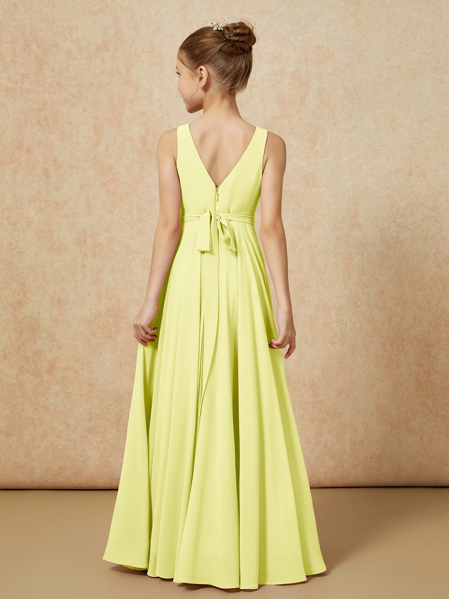 V-neck Chiffon Long Junior Bridesmaid Dress With Belt Daffodil - Image 2