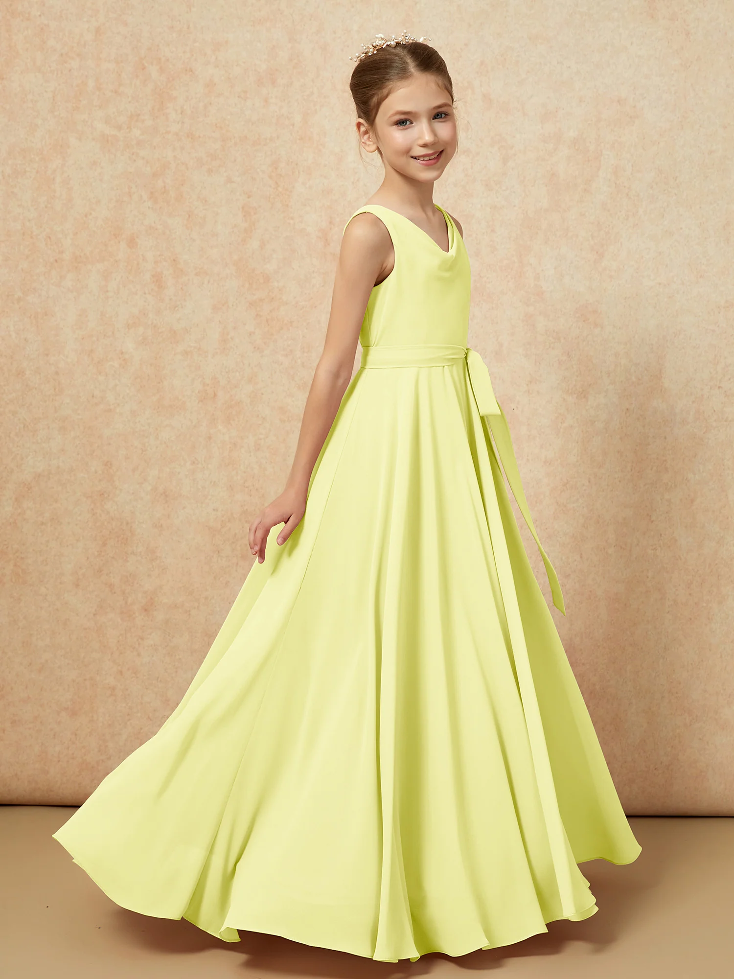 V-neck Chiffon Long Junior Bridesmaid Dress With Belt Daffodil - Image 3