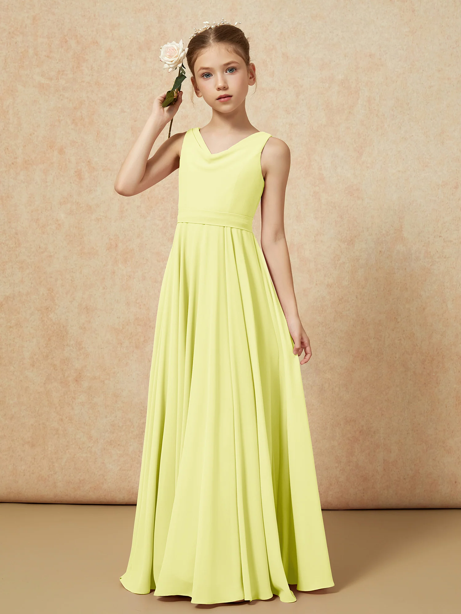 V-neck Chiffon Long Junior Bridesmaid Dress With Belt Daffodil - Image 4