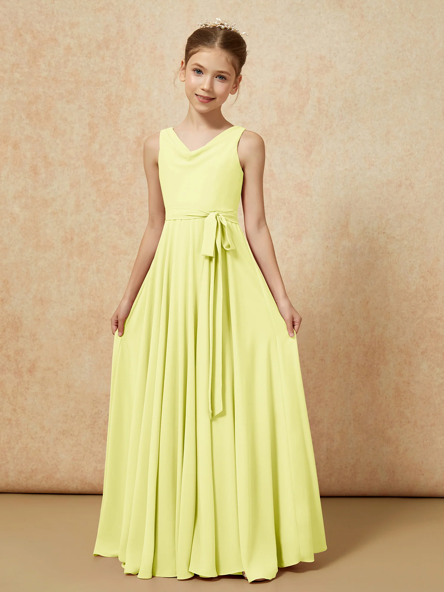 V-neck Chiffon Long Junior Bridesmaid Dress With Belt Daffodil - Image 5