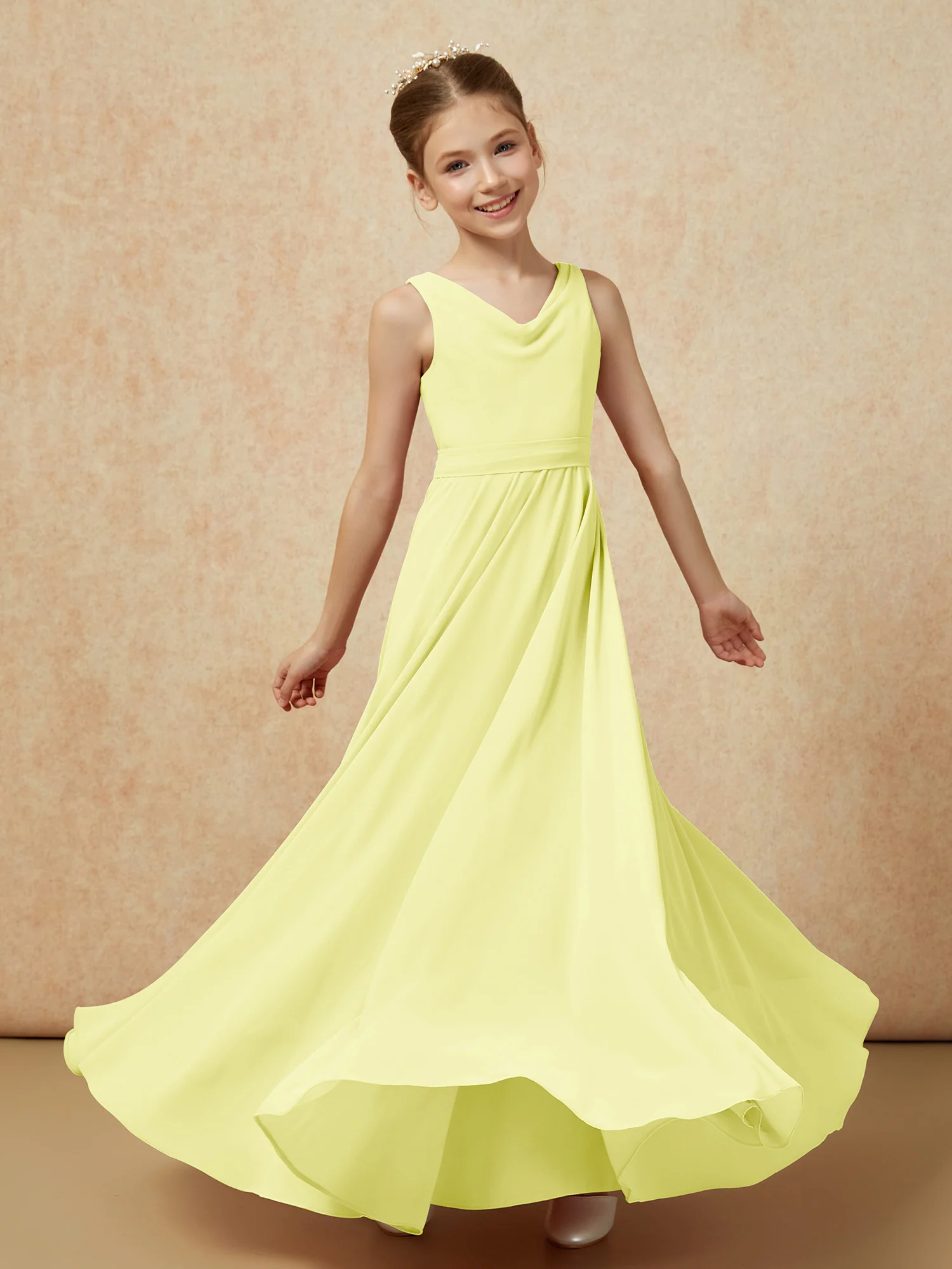 V-neck Chiffon Long Junior Bridesmaid Dress With Belt Daffodil - Image 6