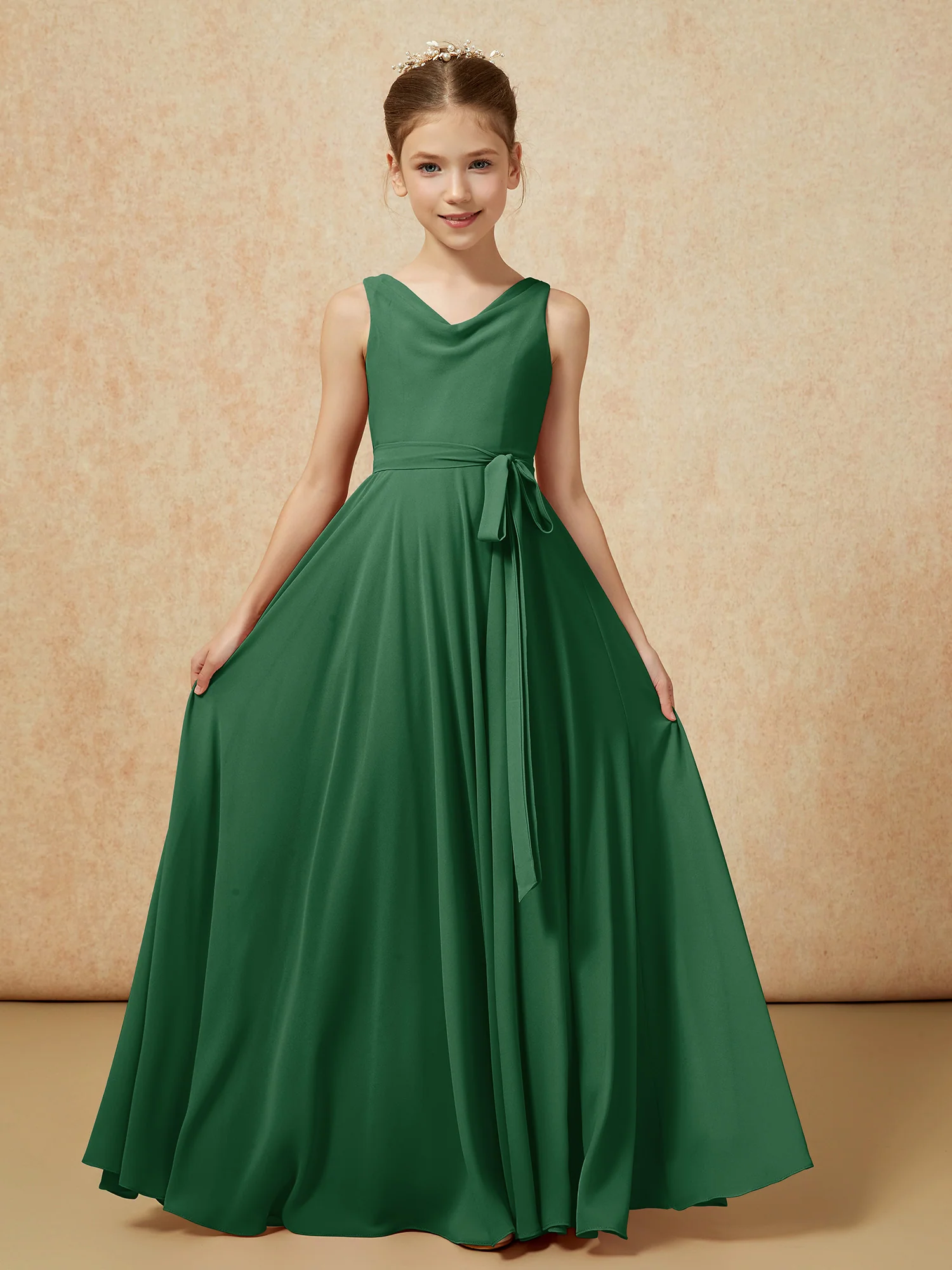V-neck Chiffon Long Junior Bridesmaid Dress With Belt Dark Green