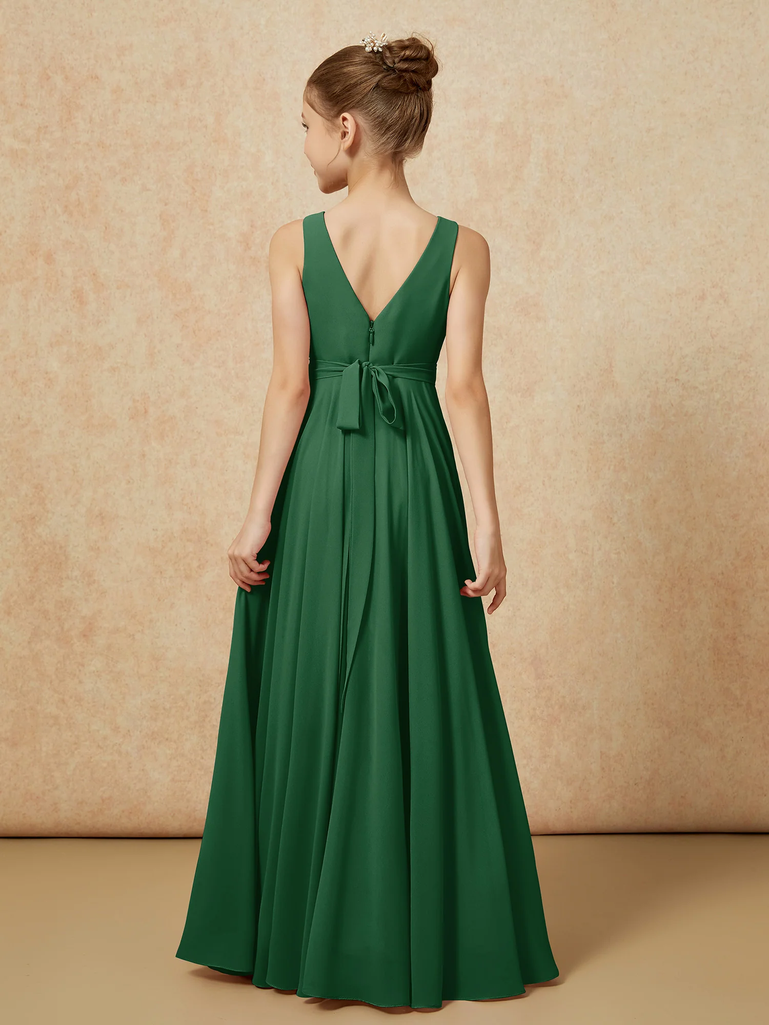 V-neck Chiffon Long Junior Bridesmaid Dress With Belt Dark Green - Image 2