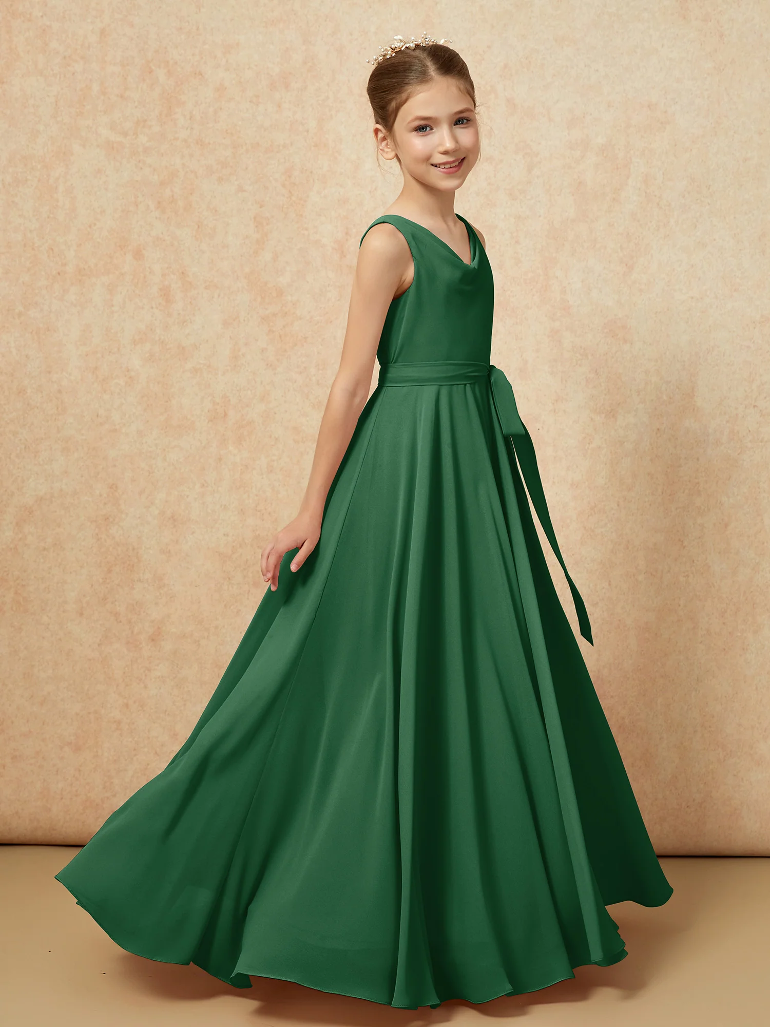 V-neck Chiffon Long Junior Bridesmaid Dress With Belt Dark Green - Image 3