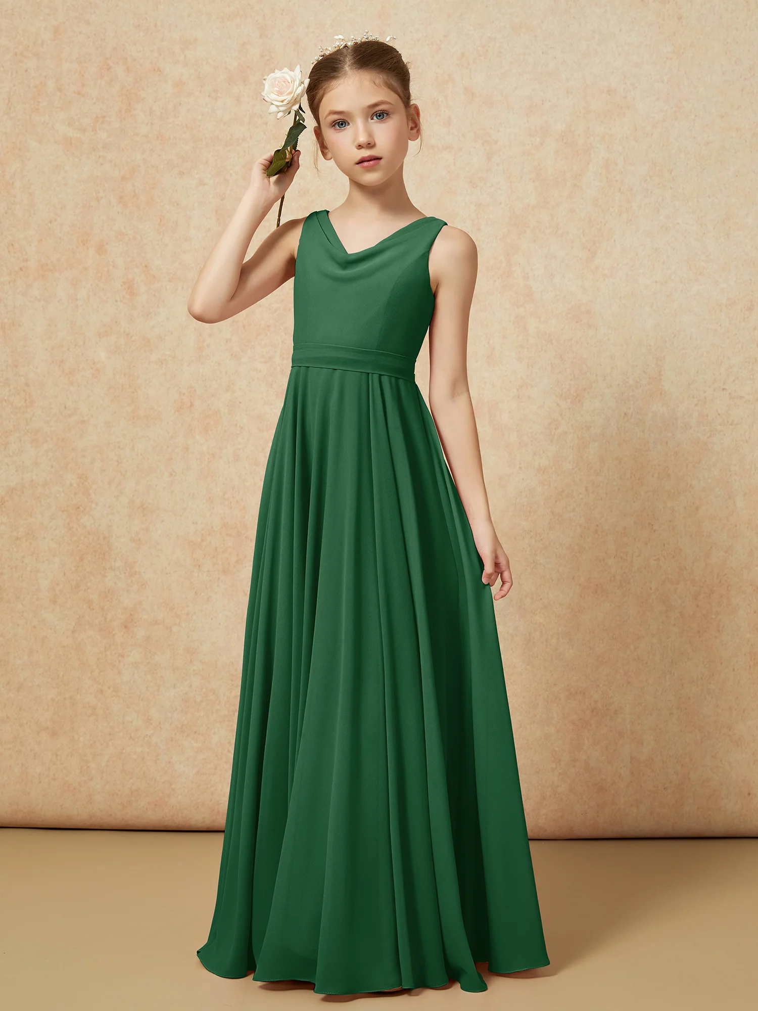 V-neck Chiffon Long Junior Bridesmaid Dress With Belt Dark Green - Image 4