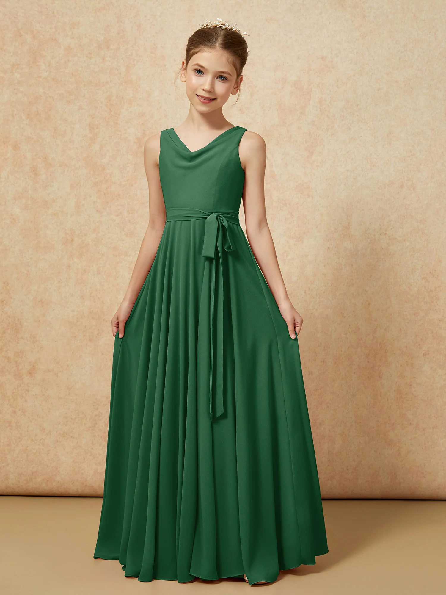 V-neck Chiffon Long Junior Bridesmaid Dress With Belt Dark Green - Image 5