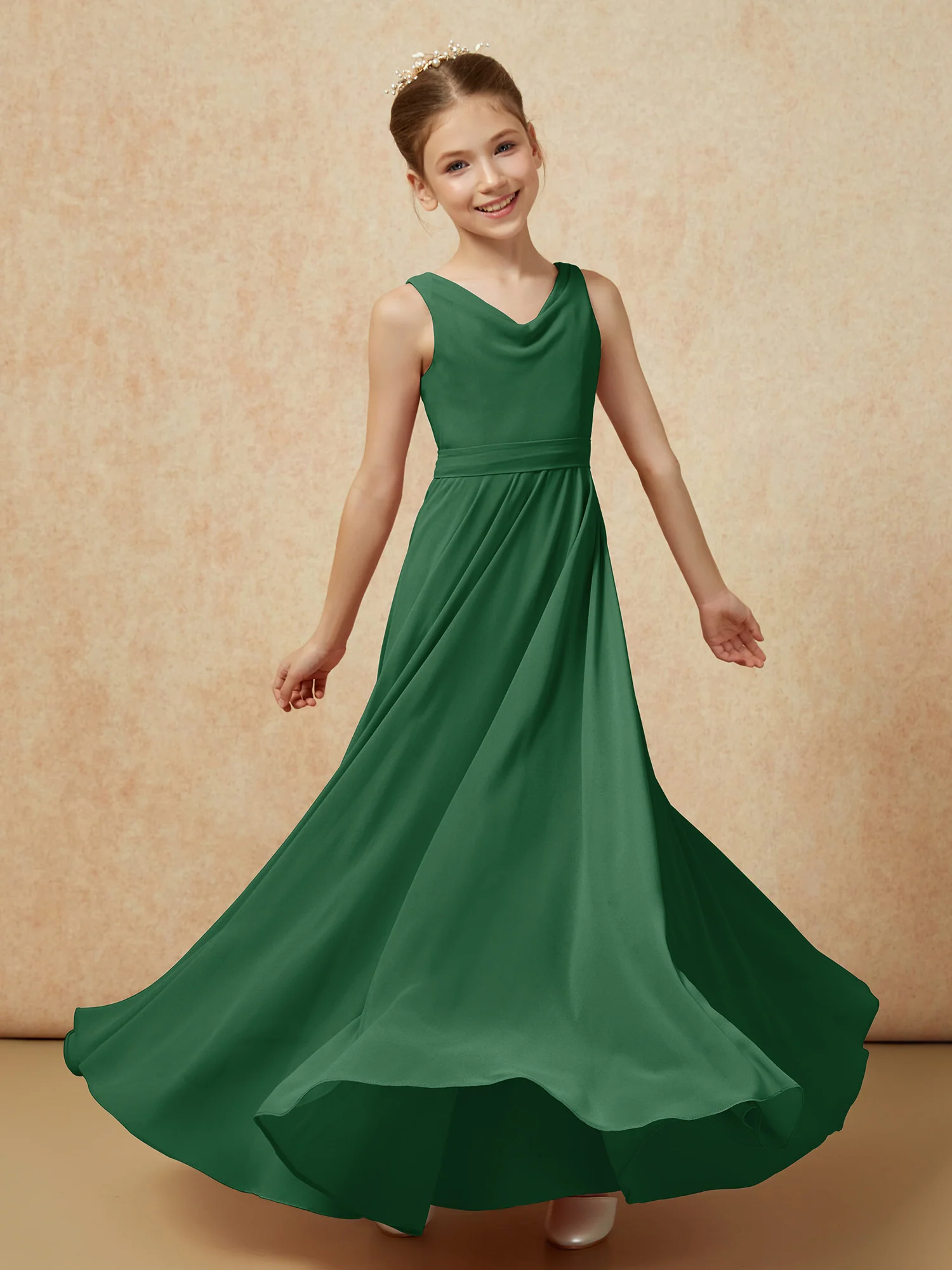 V-neck Chiffon Long Junior Bridesmaid Dress With Belt Dark Green - Image 6