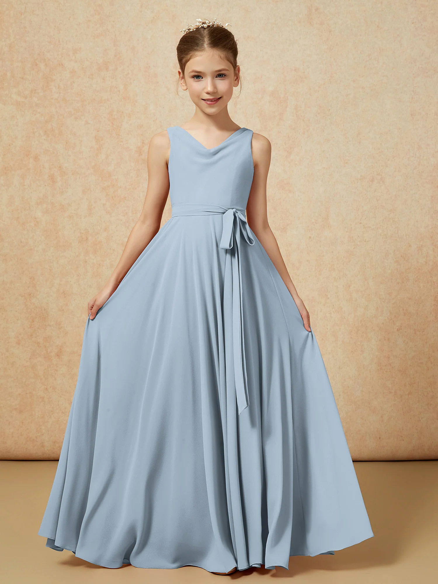 V-neck Chiffon Long Junior Bridesmaid Dress With Belt Dusty Blue