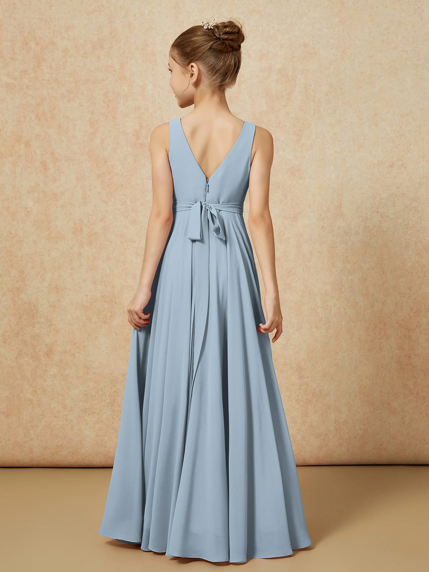 V-neck Chiffon Long Junior Bridesmaid Dress With Belt Dusty Blue - Image 2