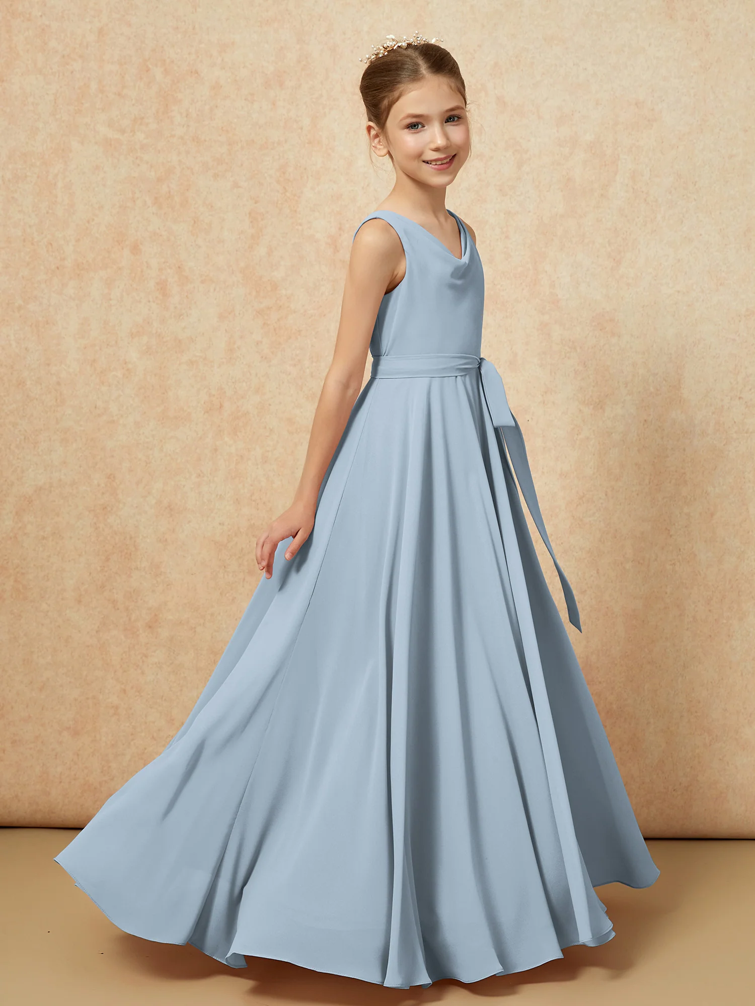V-neck Chiffon Long Junior Bridesmaid Dress With Belt Dusty Blue - Image 3