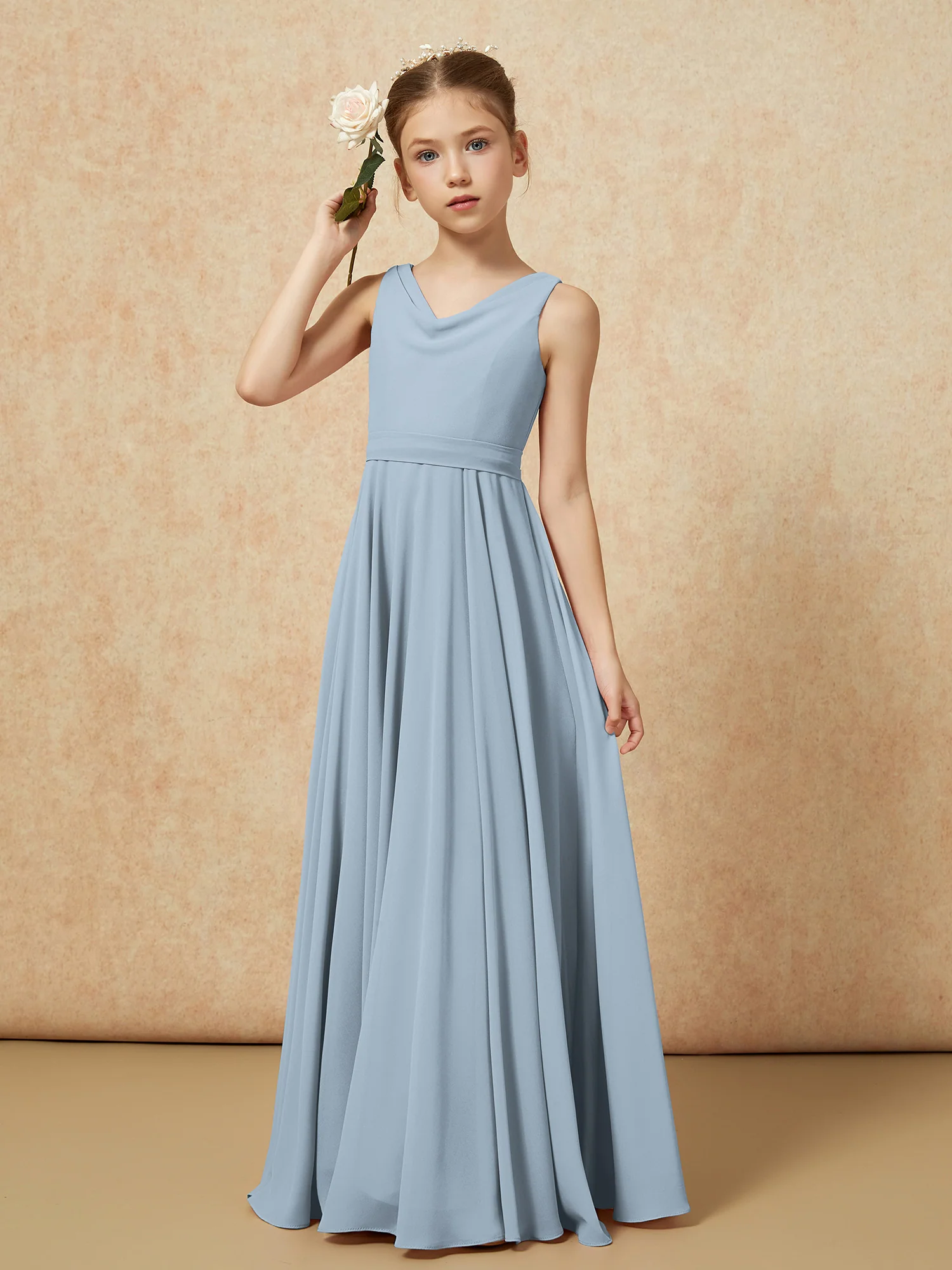 V-neck Chiffon Long Junior Bridesmaid Dress With Belt Dusty Blue - Image 4