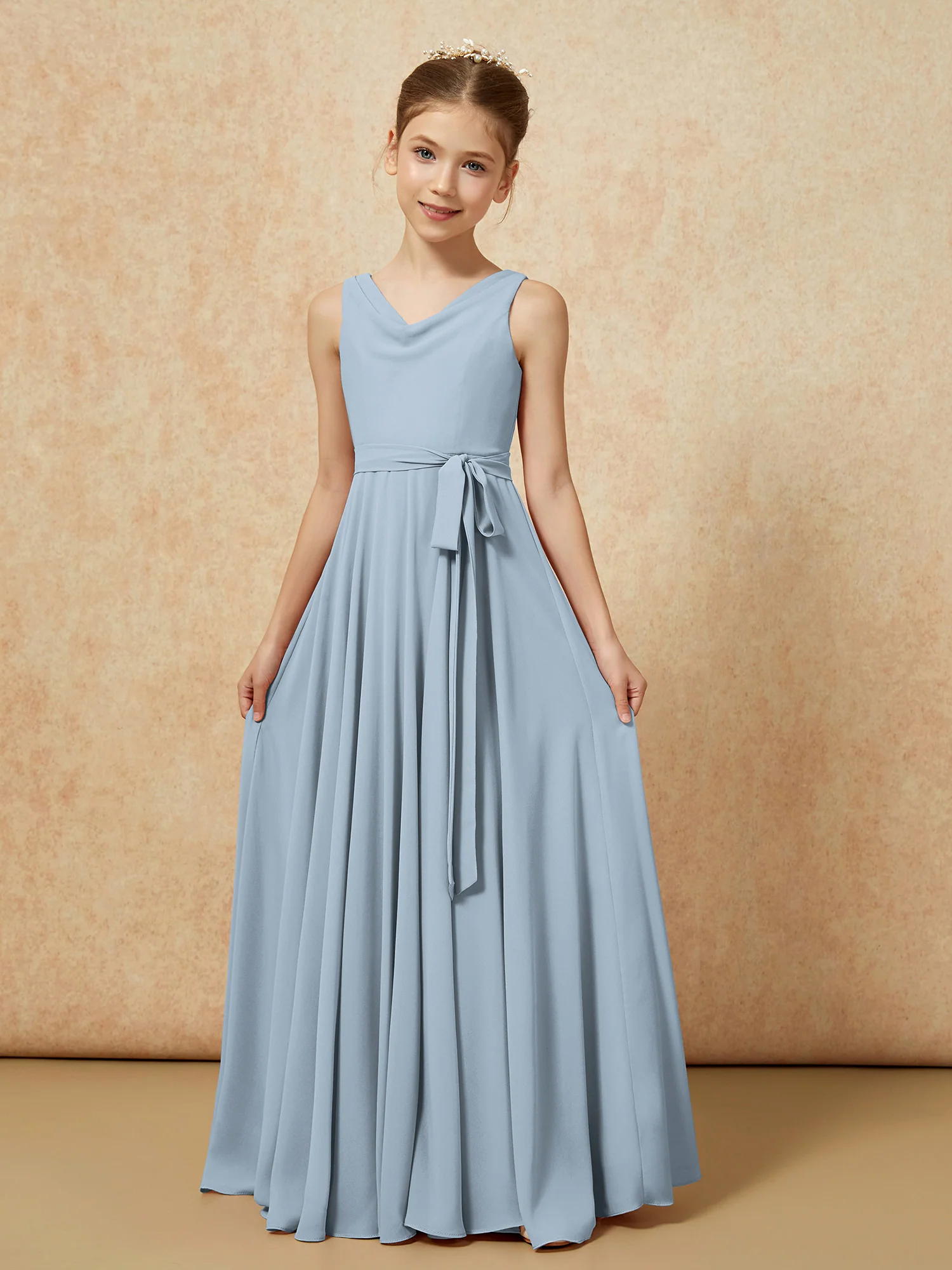 V-neck Chiffon Long Junior Bridesmaid Dress With Belt Dusty Blue - Image 5