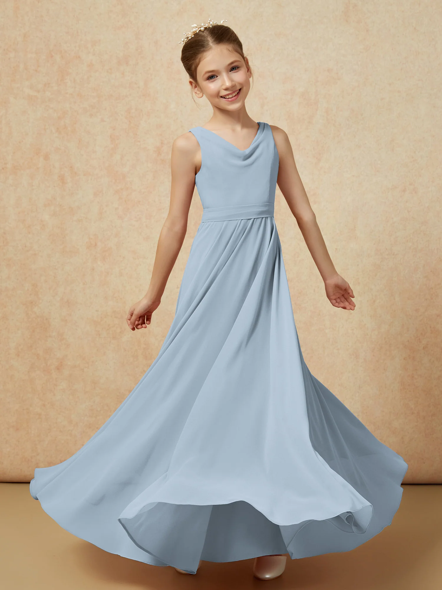 V-neck Chiffon Long Junior Bridesmaid Dress With Belt Dusty Blue - Image 6