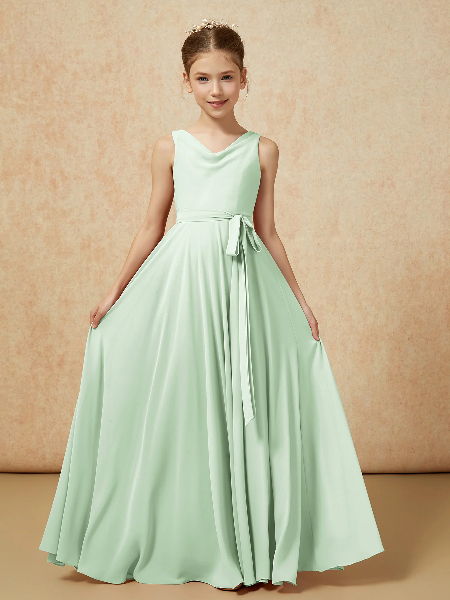 V-neck Chiffon Long Junior Bridesmaid Dress With Belt Dusty Sage